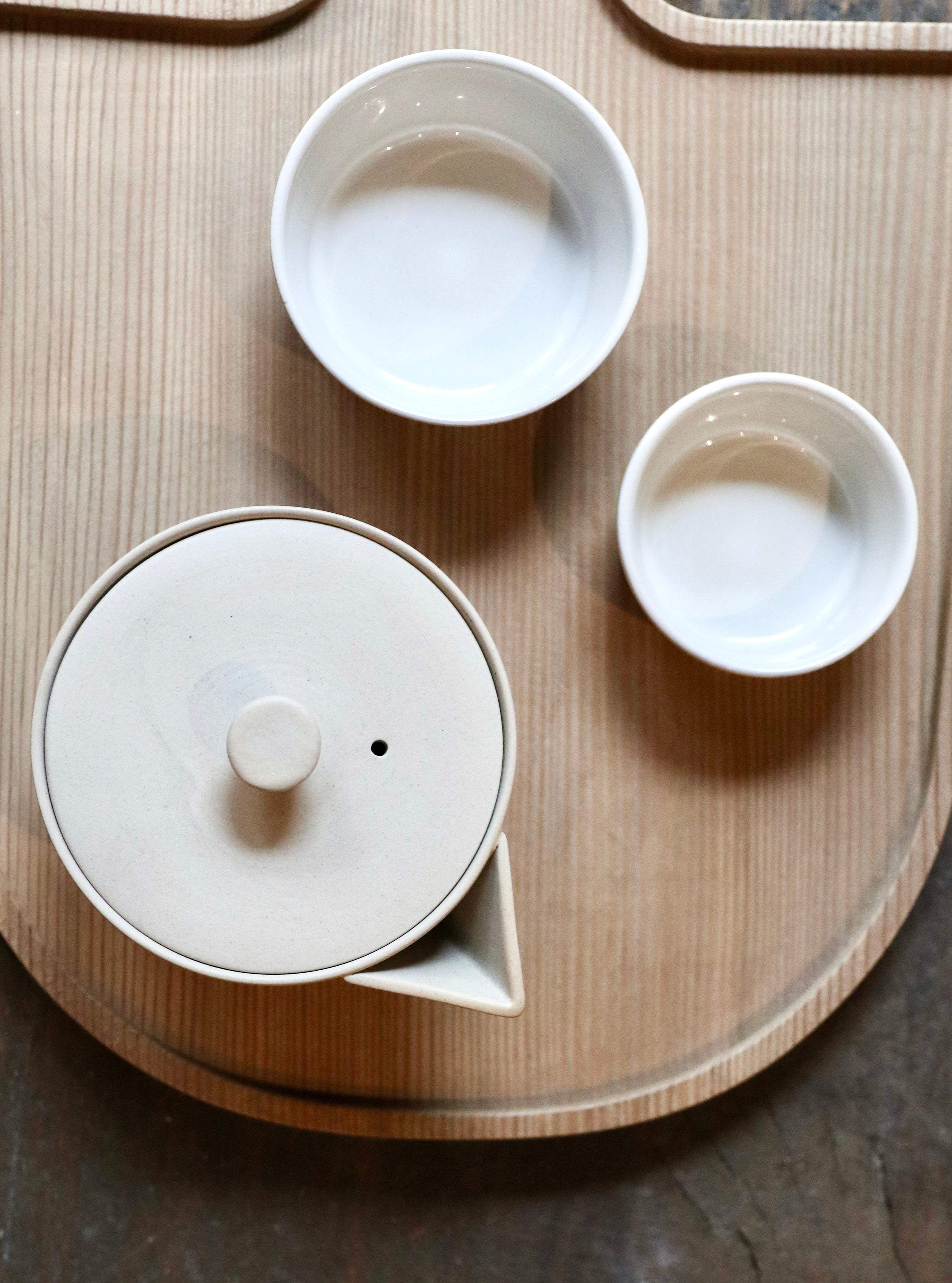 Tea set with low teapot and two cups/bowls
