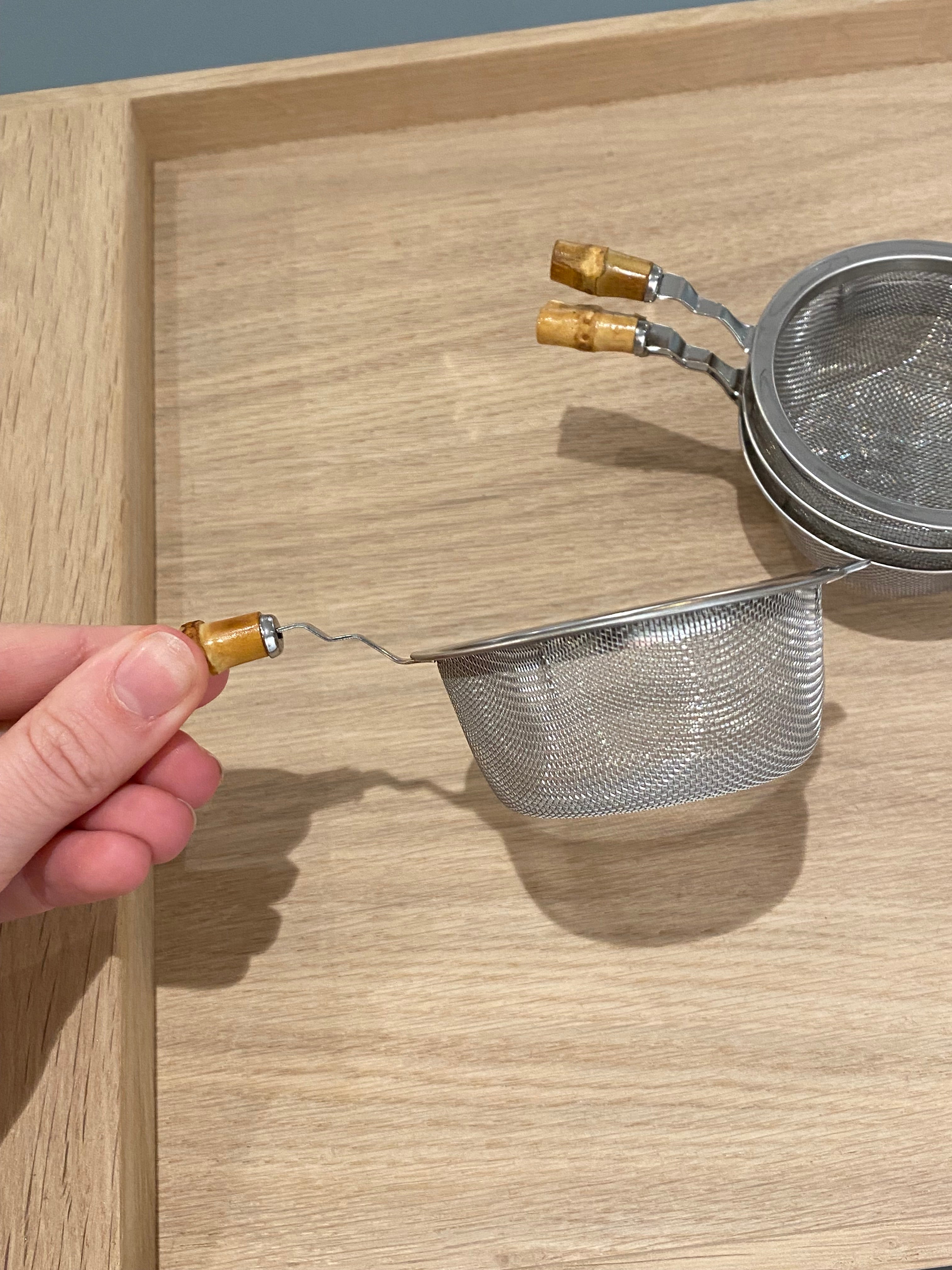 Matcha strainer with bamboo handle, low