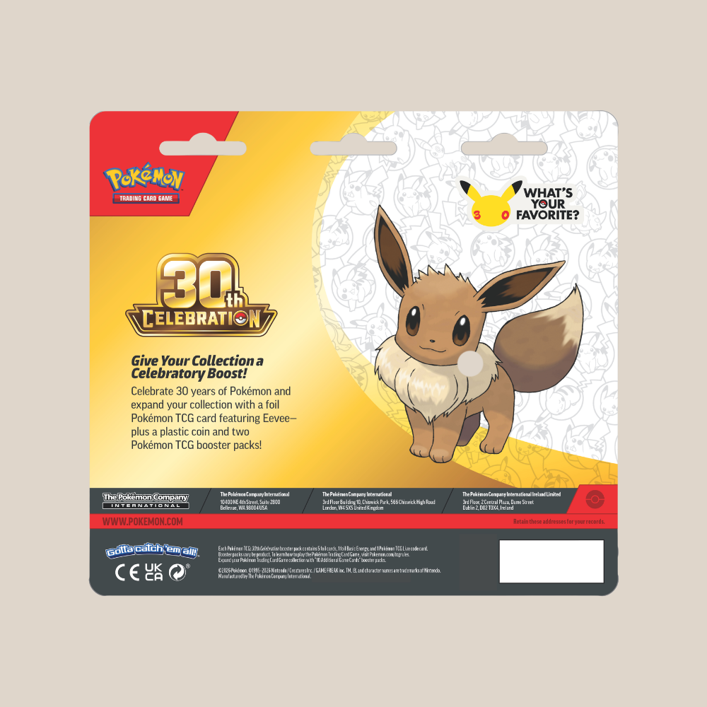 Pokémon "30th Celebration" - 2 Booster packs, Eevee folie kort og metallisk mønt