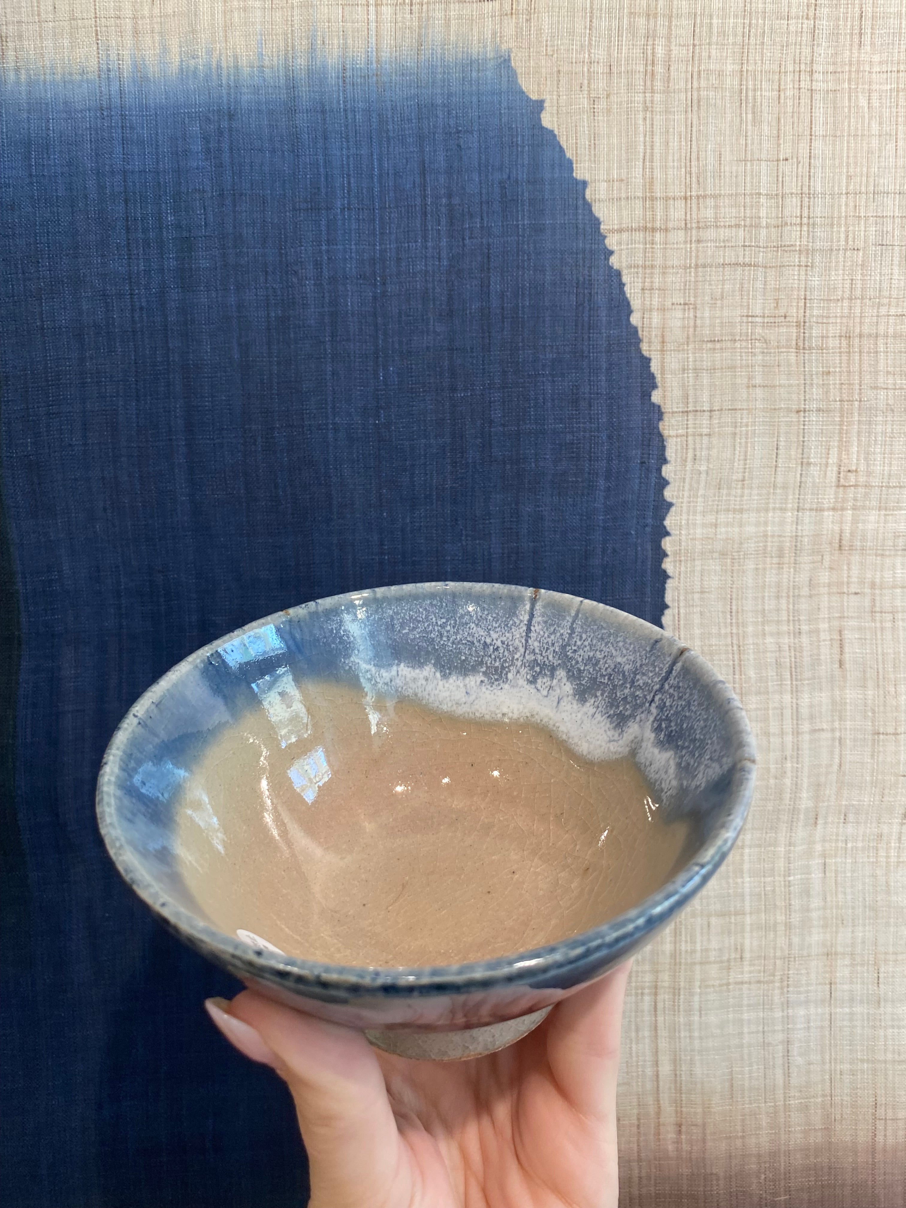 Bowl with blue grooved glaze - large