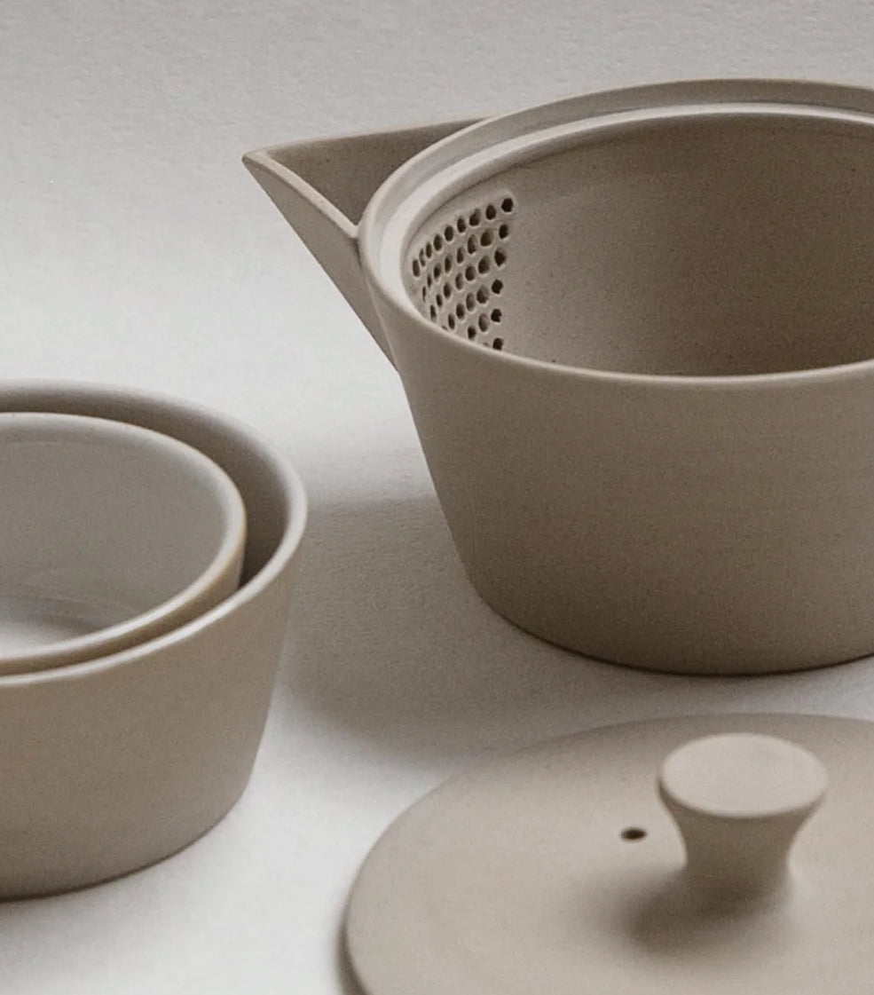 Tea set with low teapot and two cups/bowls
