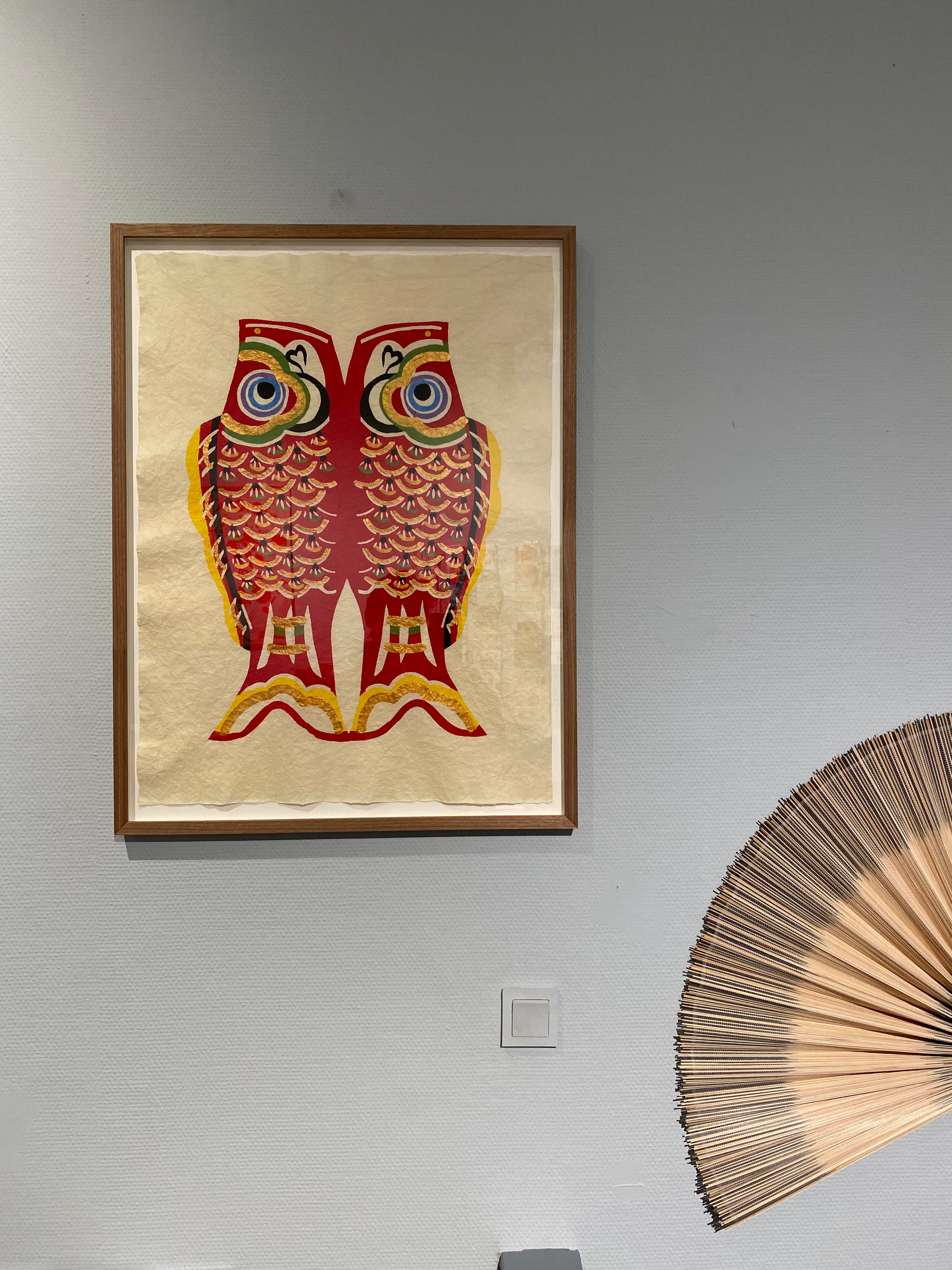 Red koinobori in solid oak frame