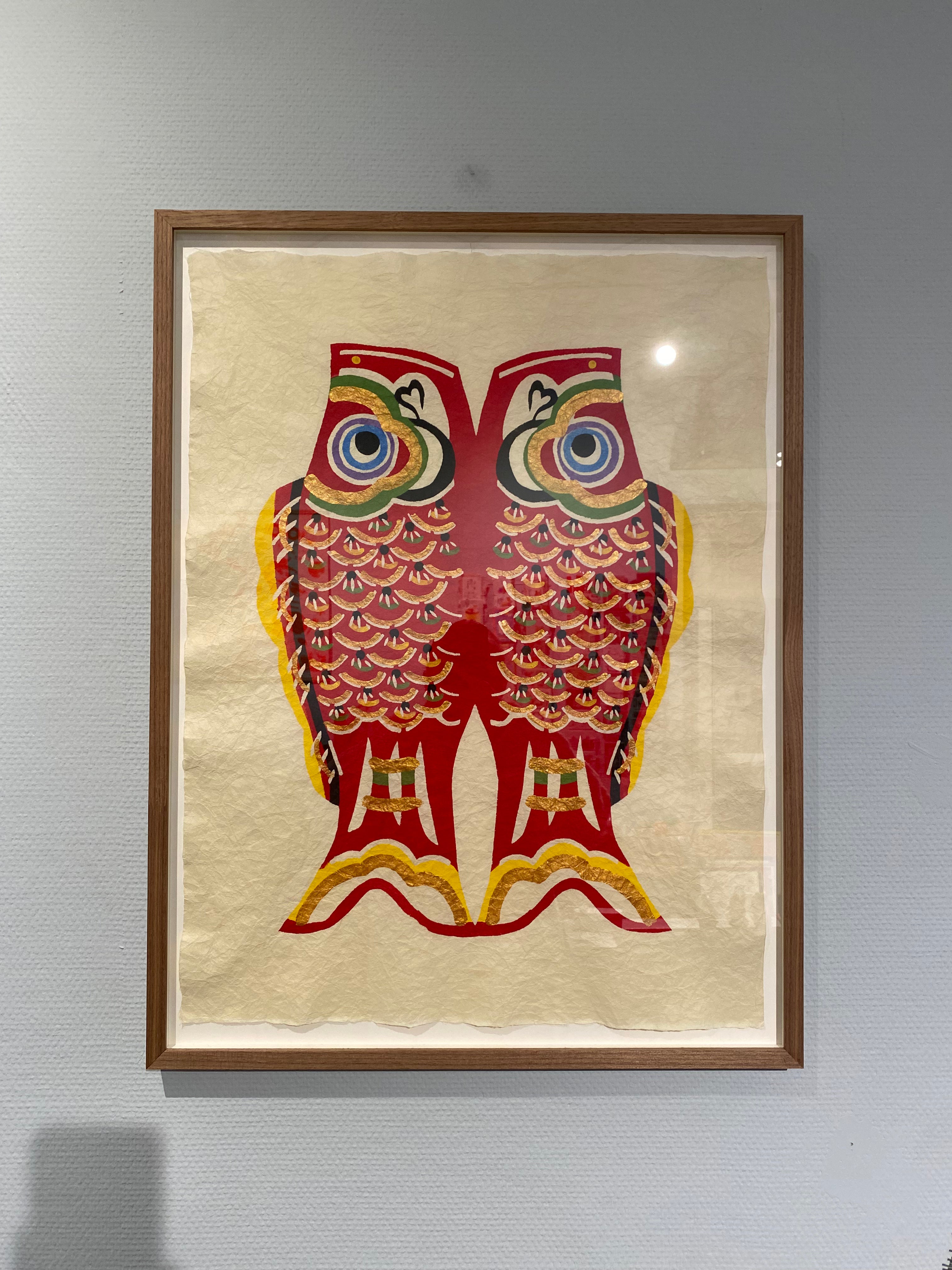 Red koinobori in solid oak frame