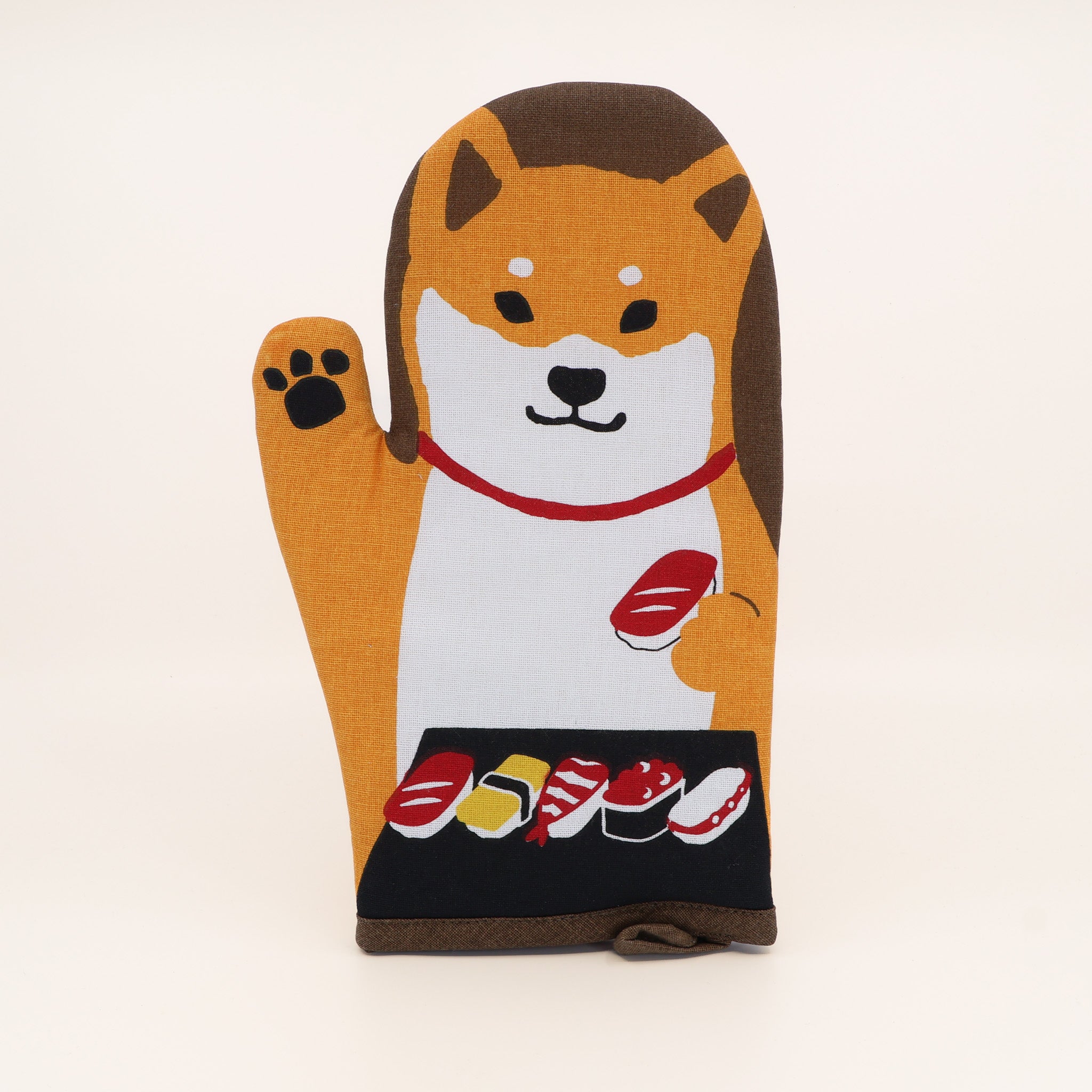 Grillhandske med shiba der spiser sushi