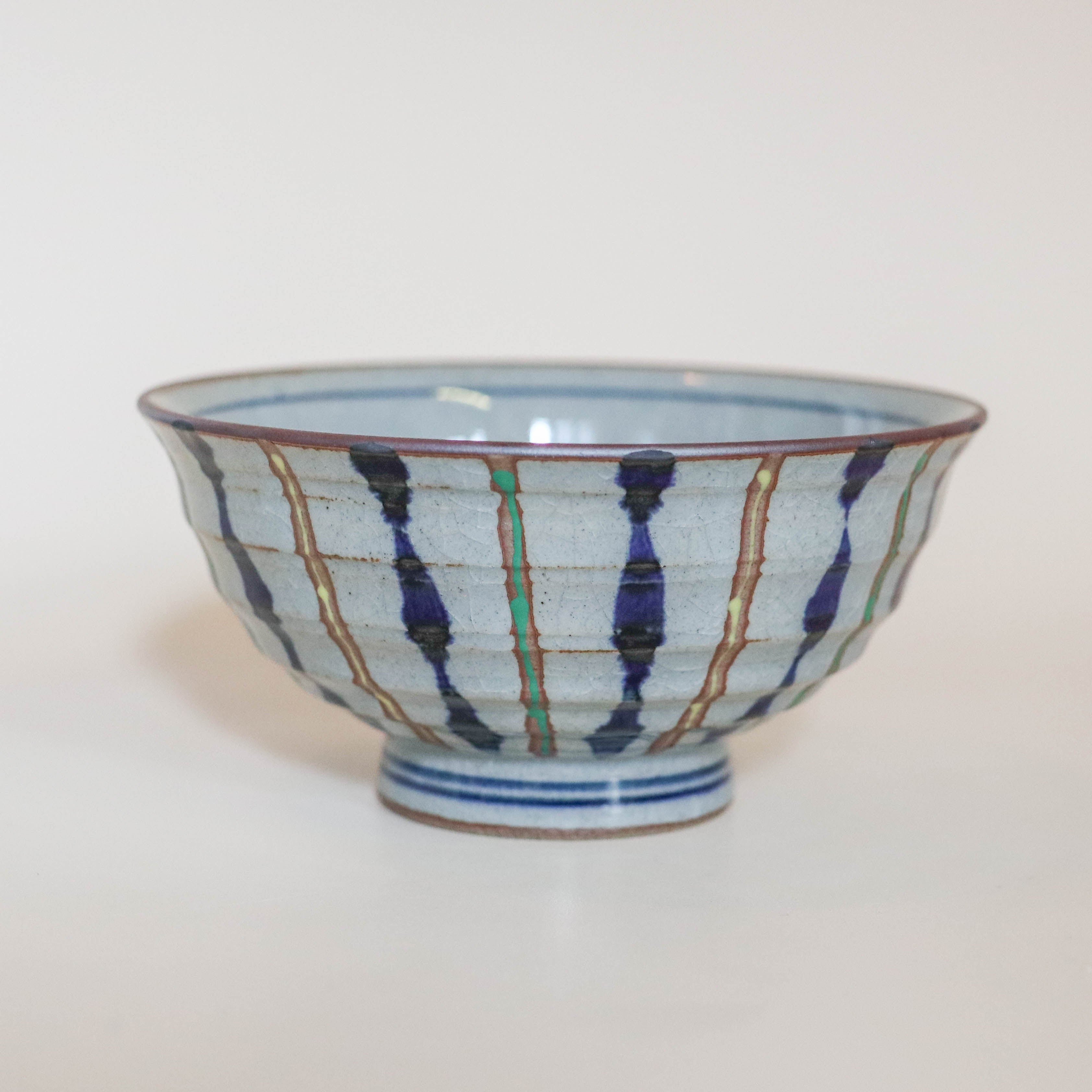 (Missing price, quantity) Gray bowl with blue, yellow and green stripes