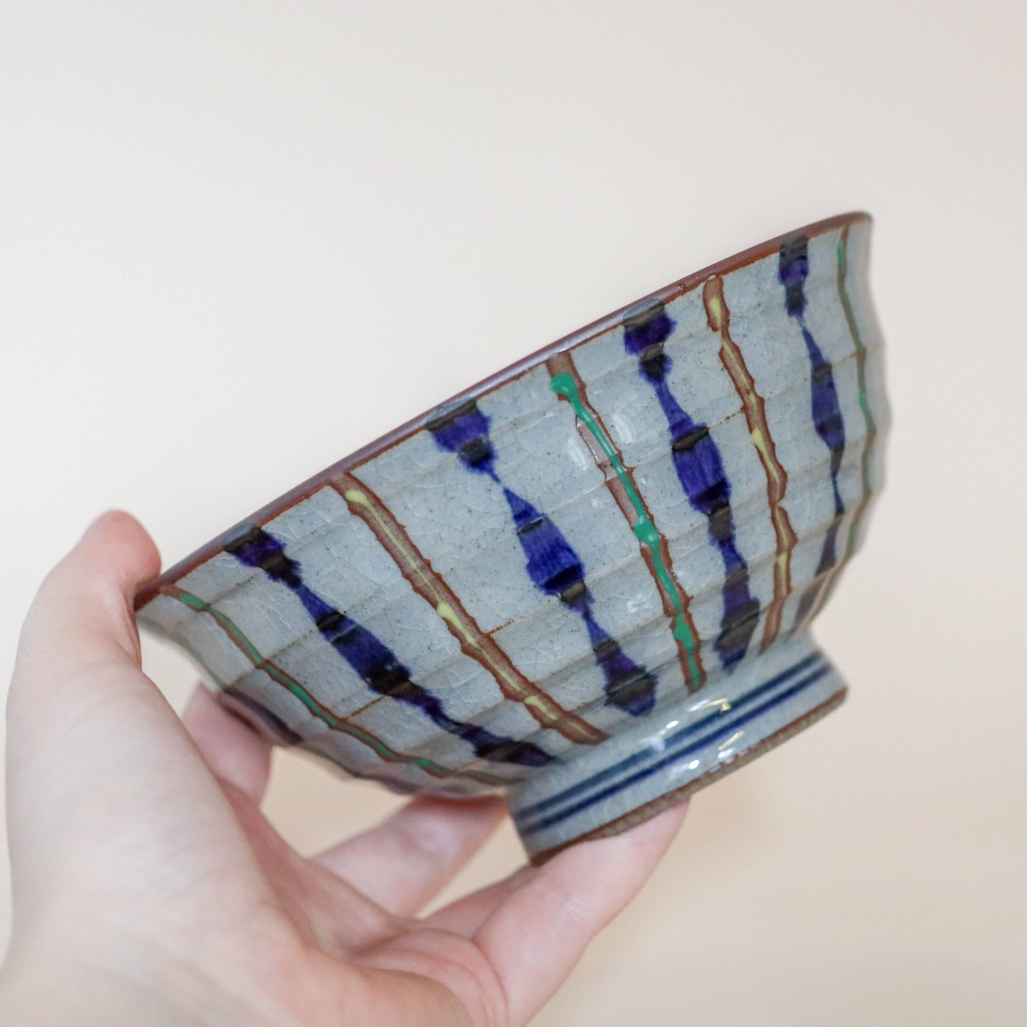(Missing price, quantity) Gray bowl with blue, yellow and green stripes