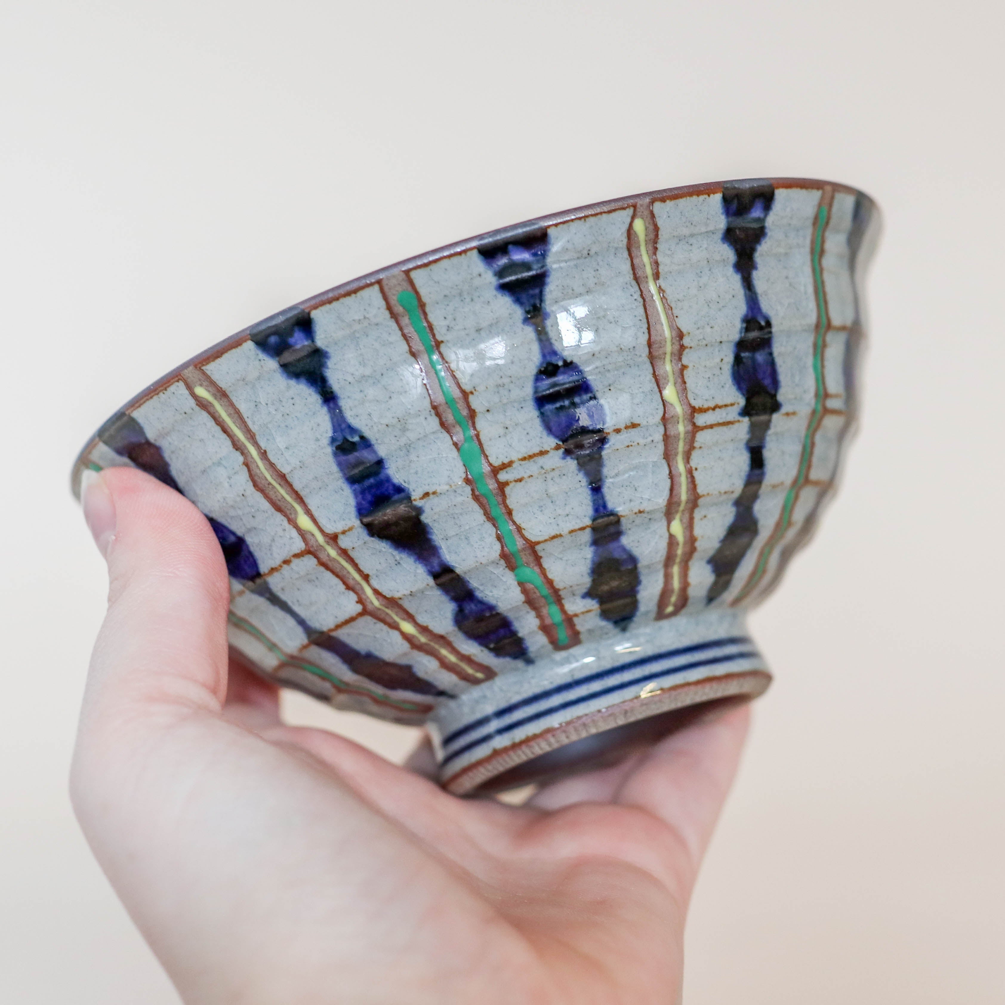 (Missing price, quantity) Gray bowl with blue, yellow and green stripes