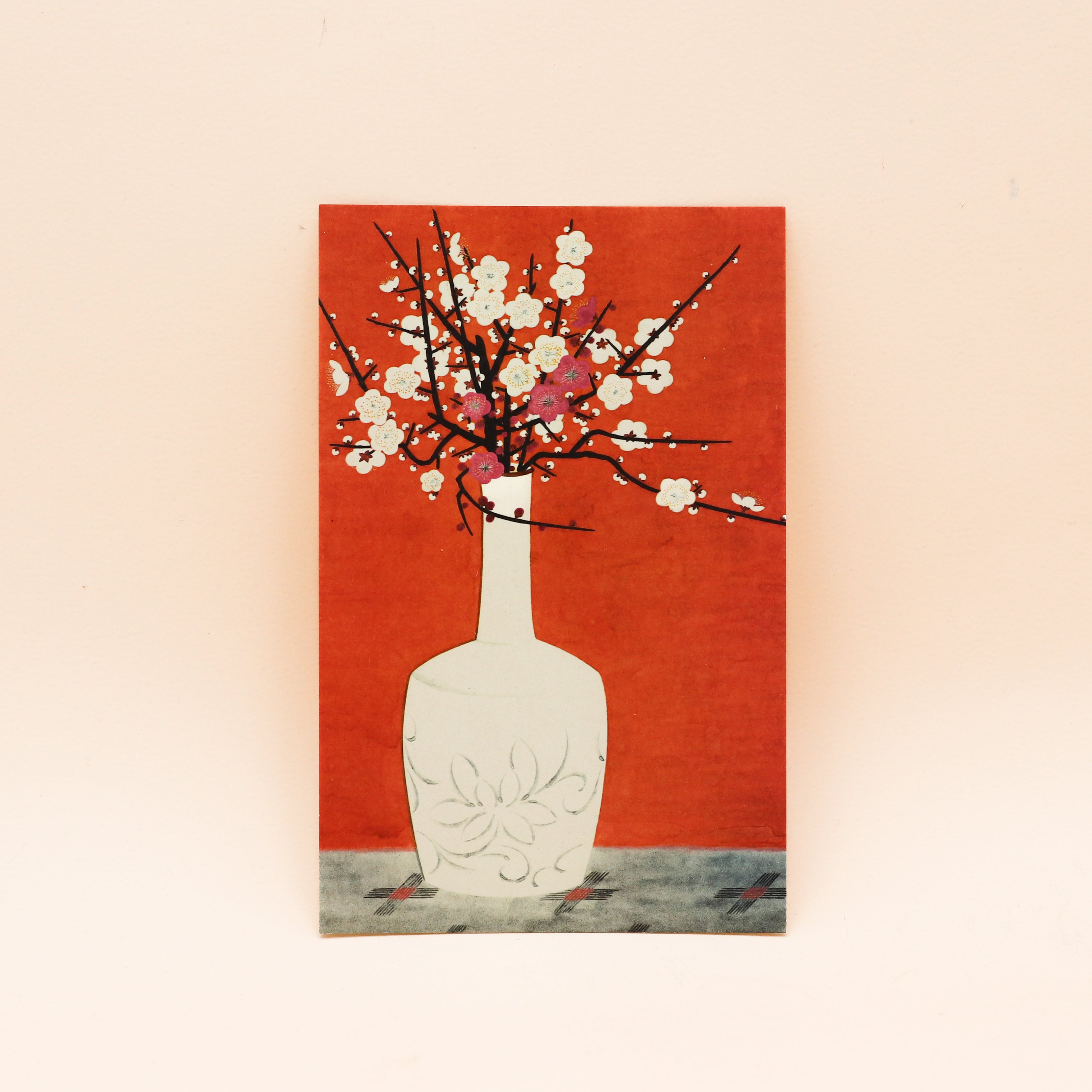 Postkort - Rød med vase og blomster