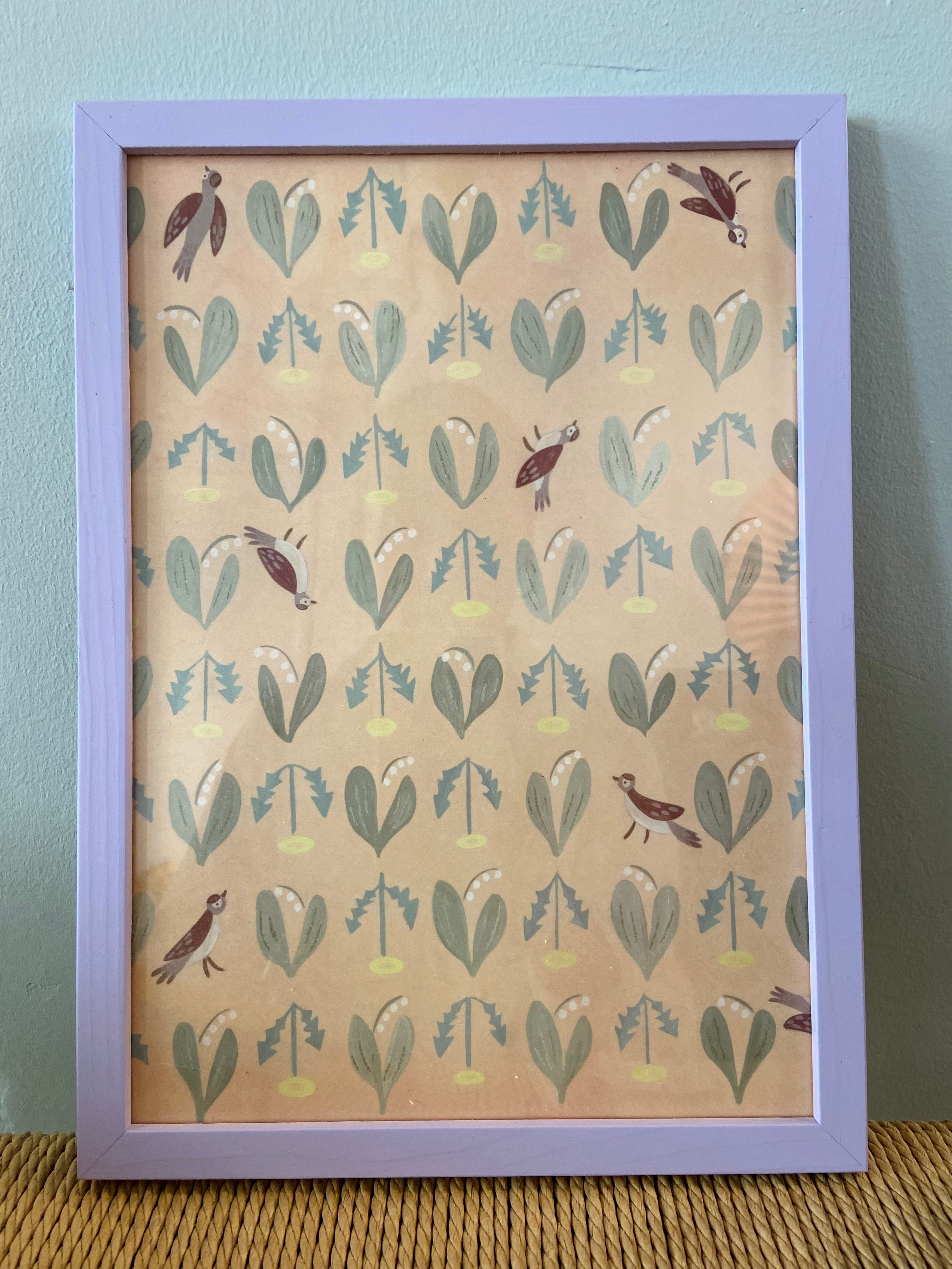 Birds and dandelions in lavender frame