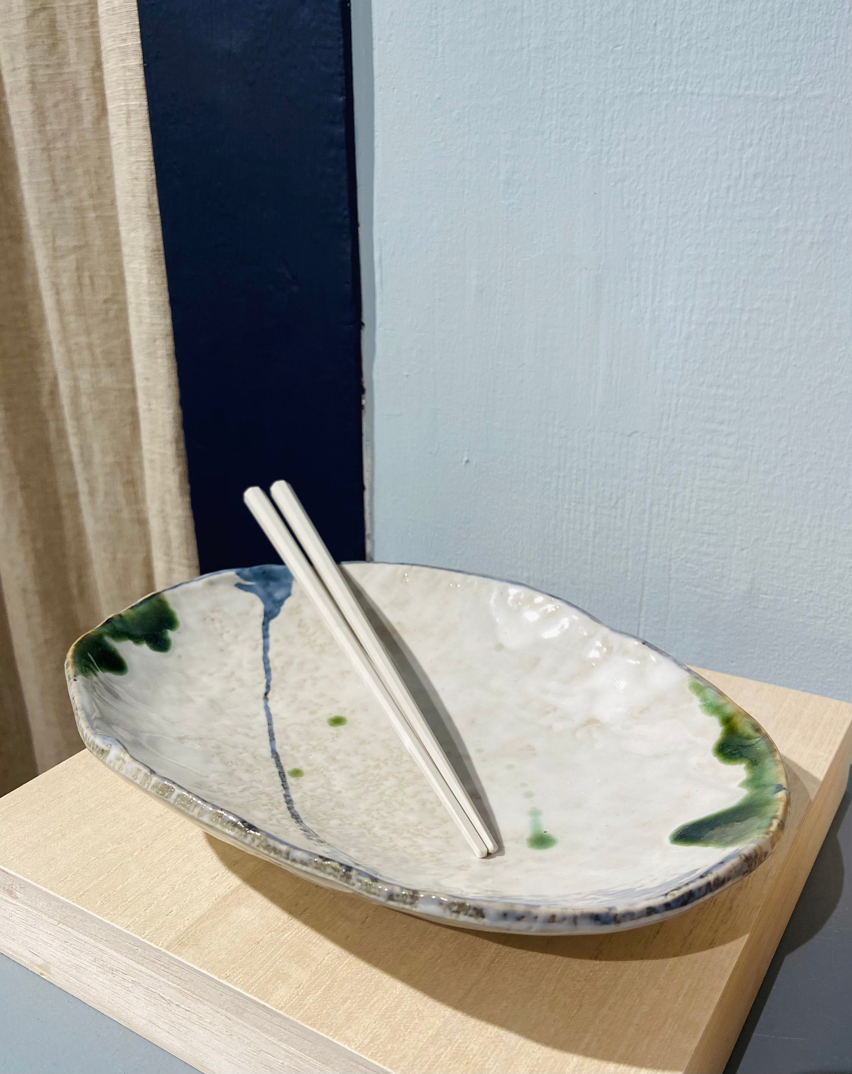 Japanese dish with blue and green pattern, large