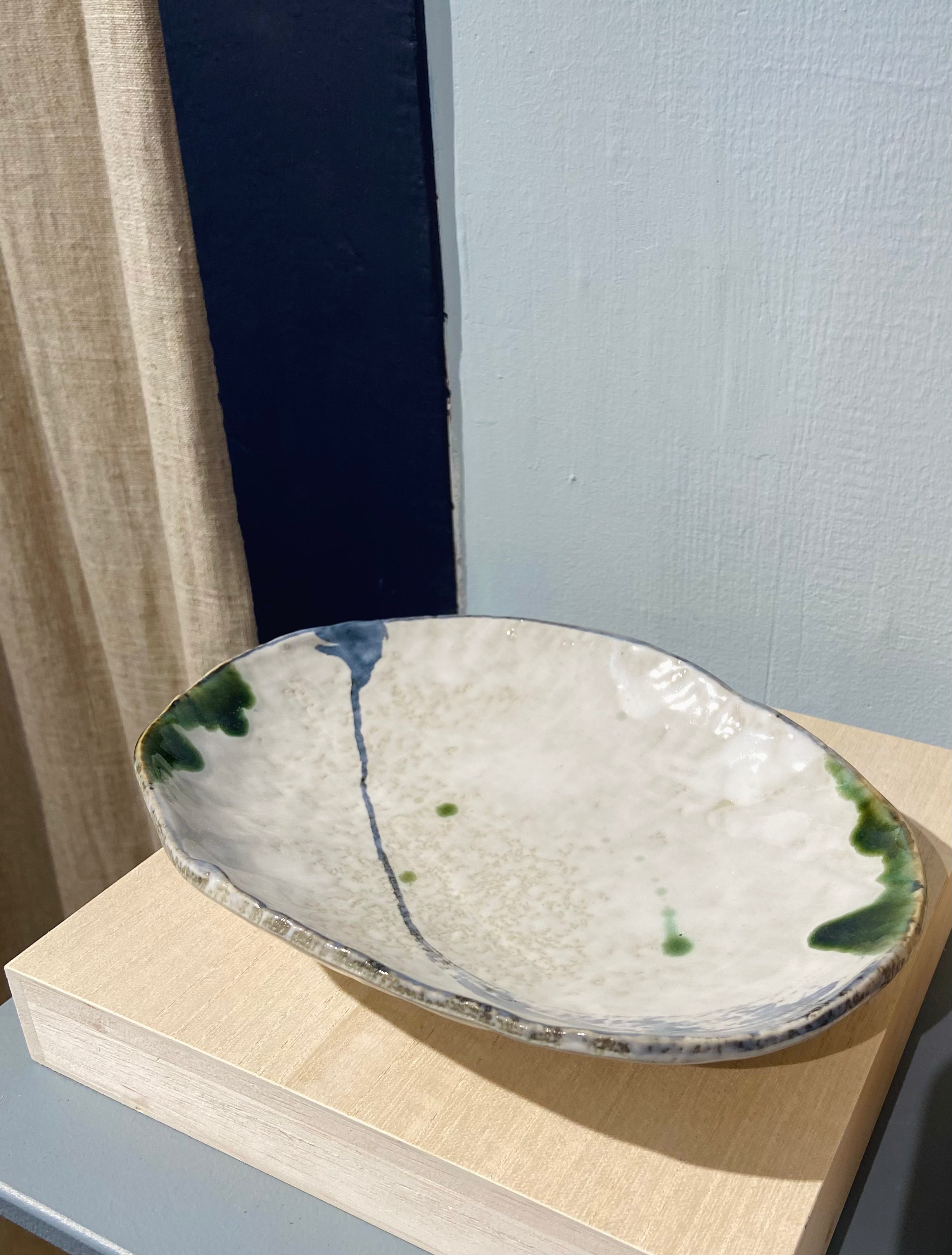 Japanese dish with blue and green pattern, large