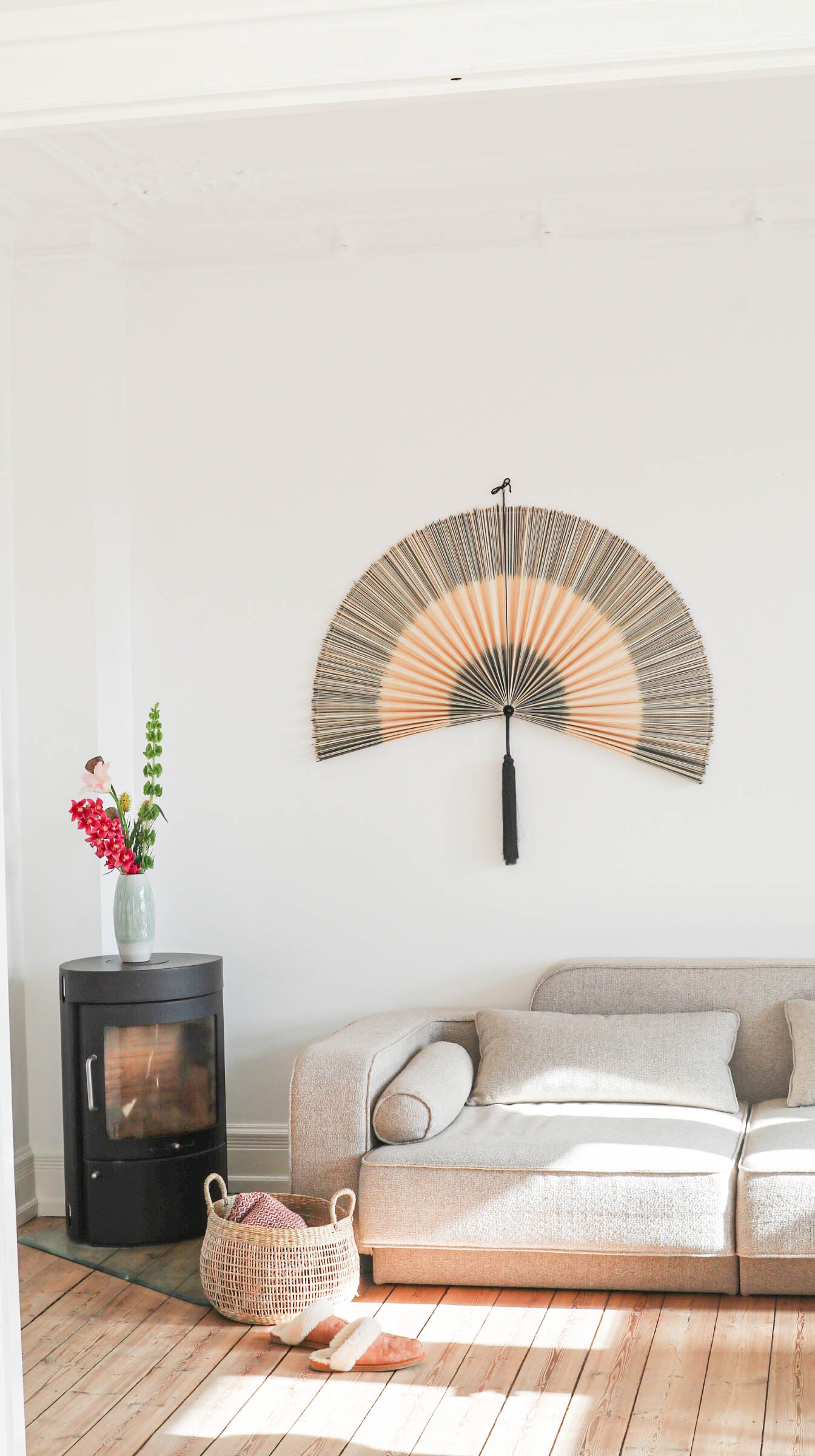 Handmade fan in natural and blue-grey; two narrow stripes