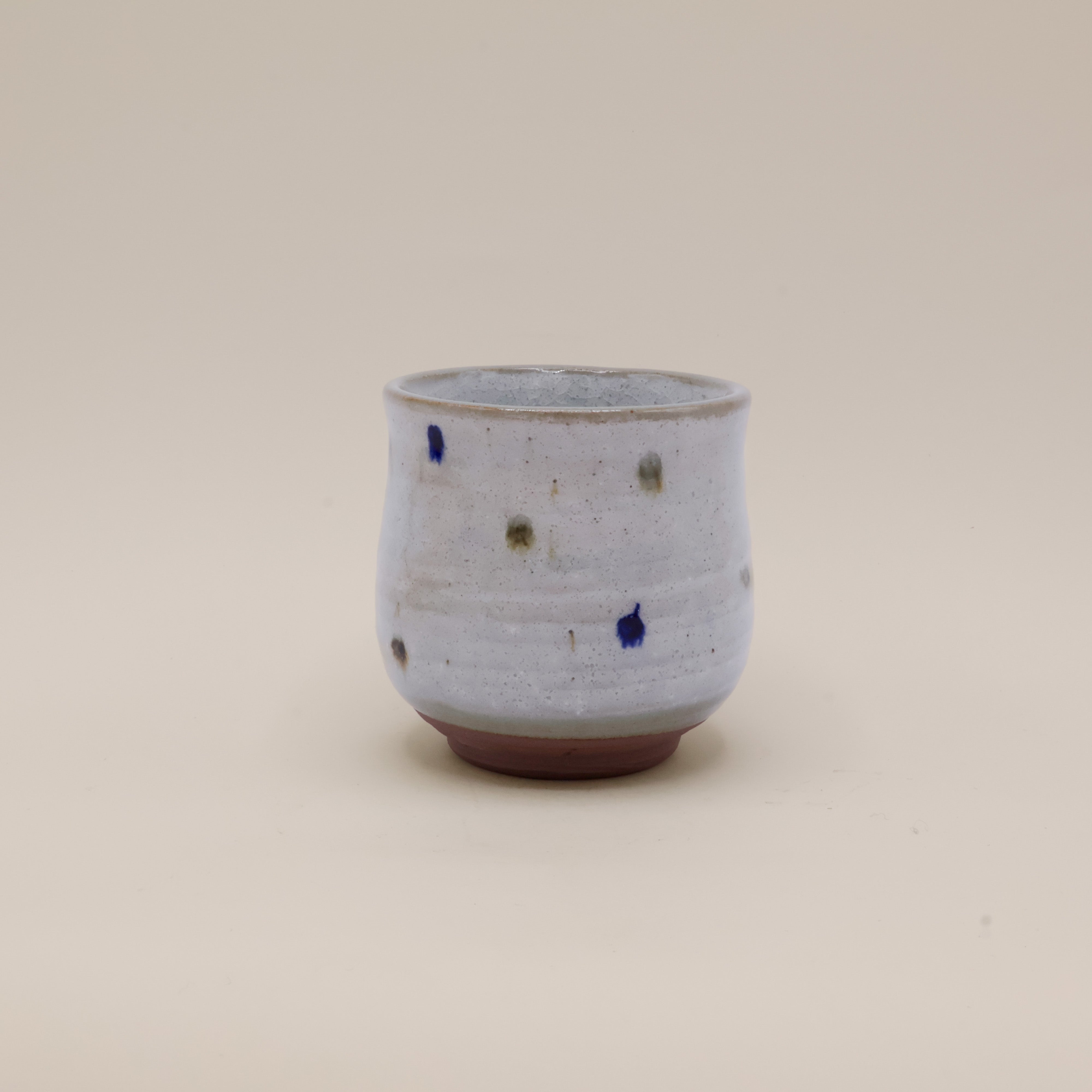 Gray cup with blue and brown dots