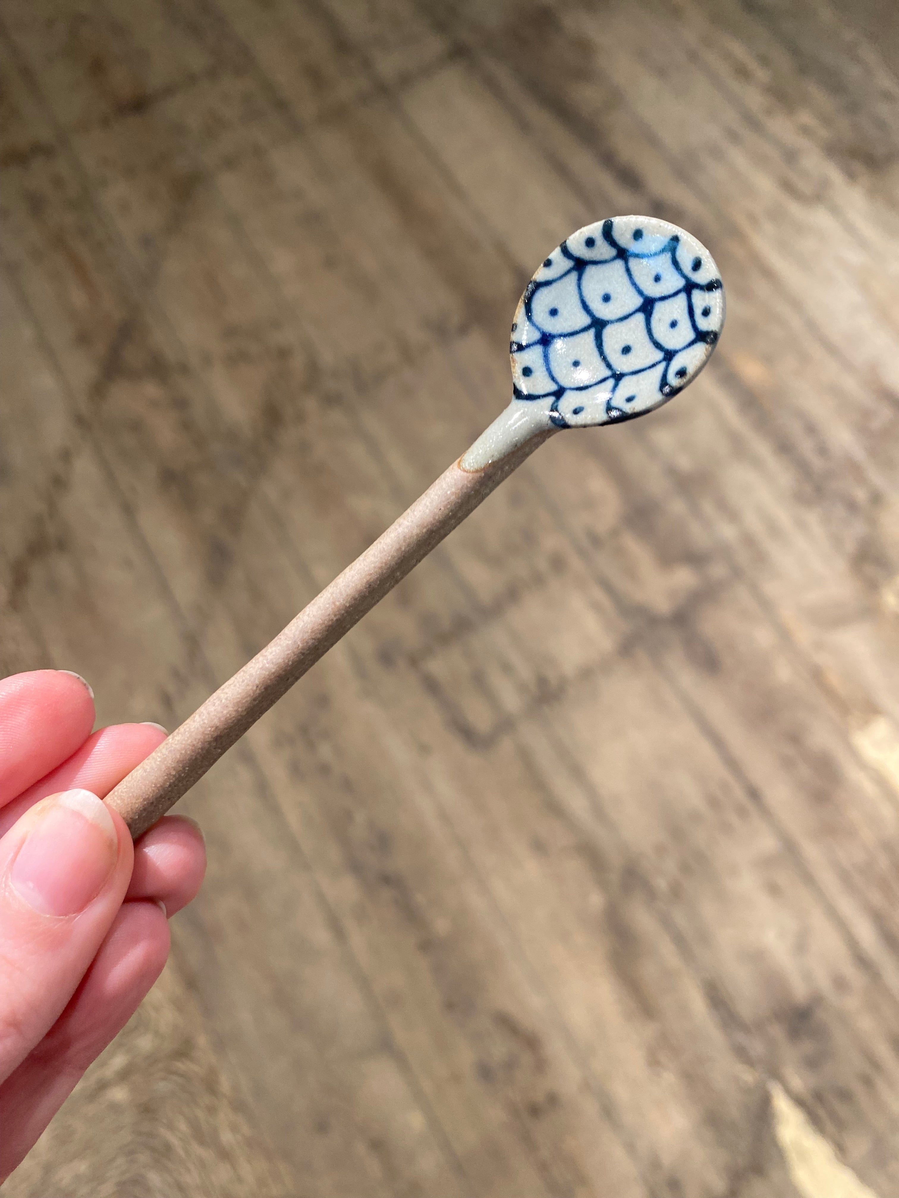 Ceramic spoon with motif of blue fish scales