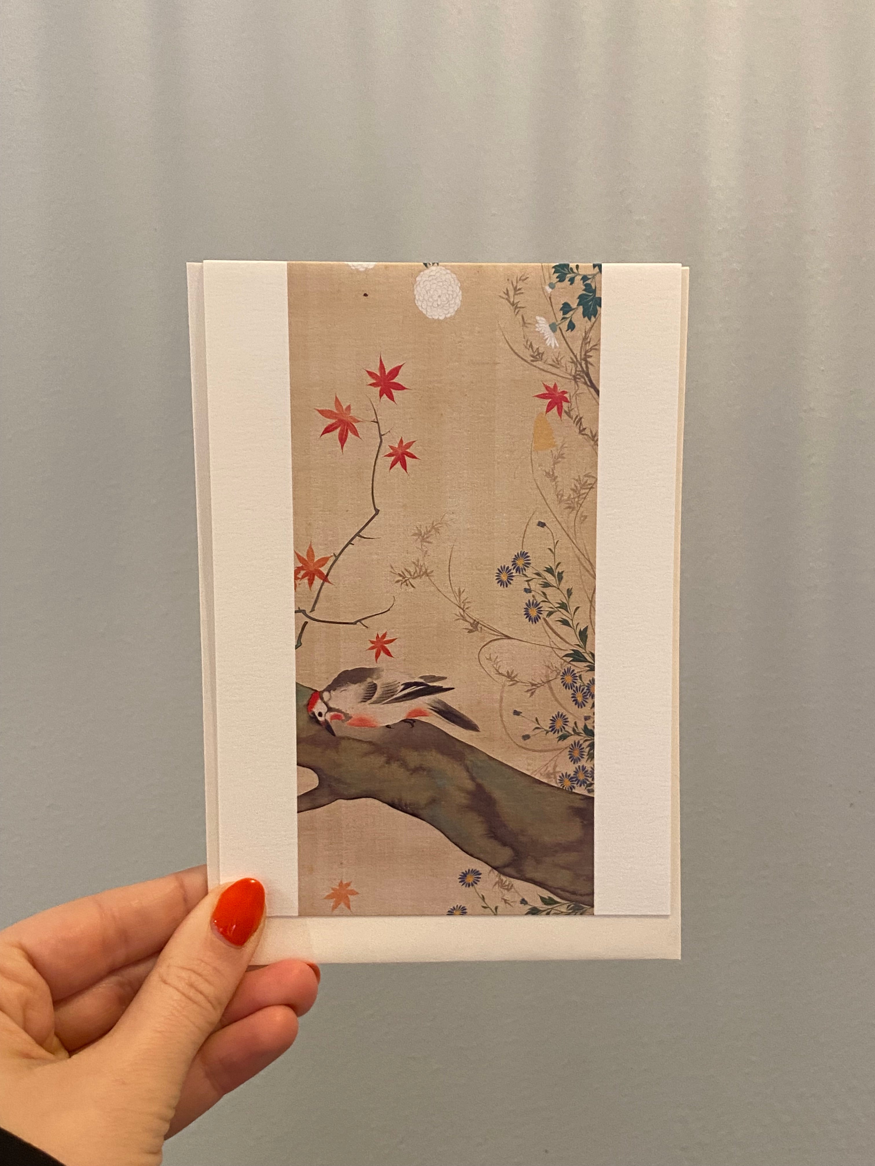 Postkort med fugl og blomster
