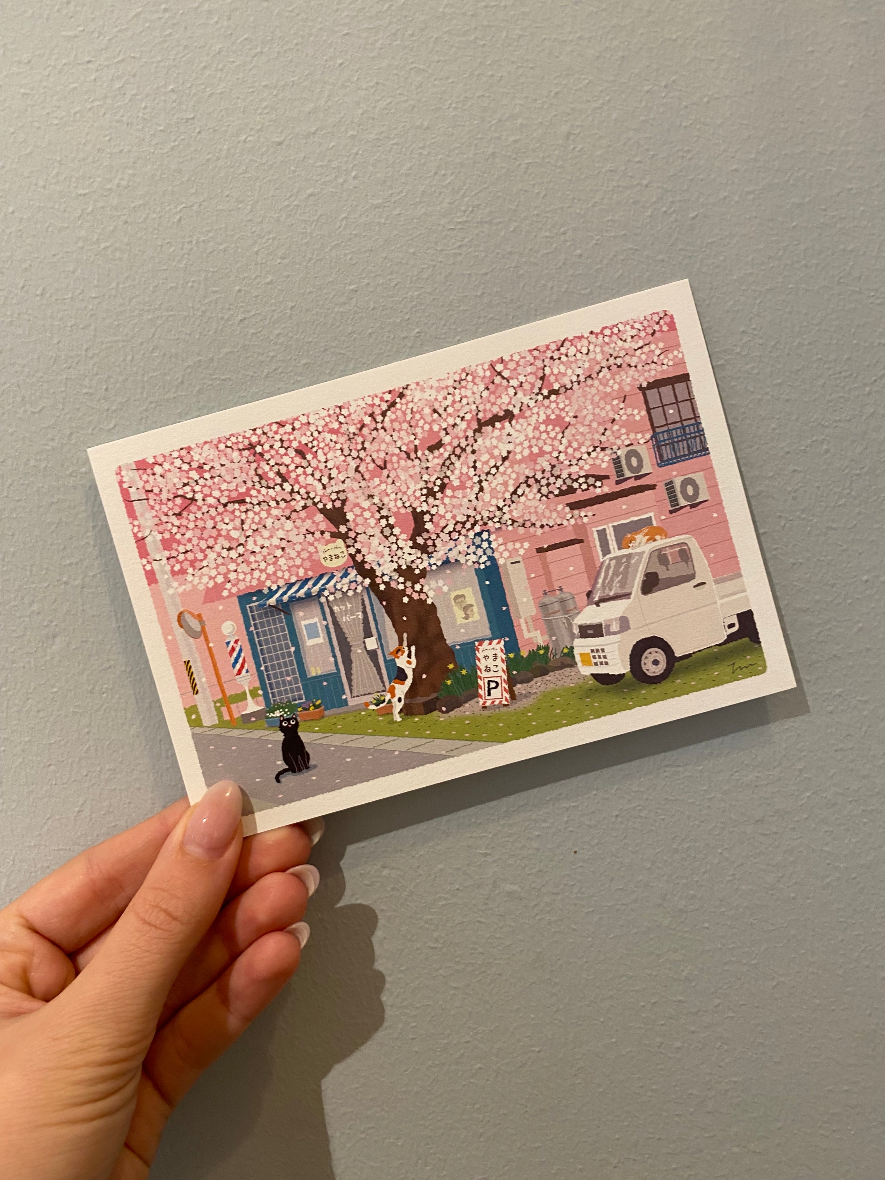 Card with cats and Sakura tree