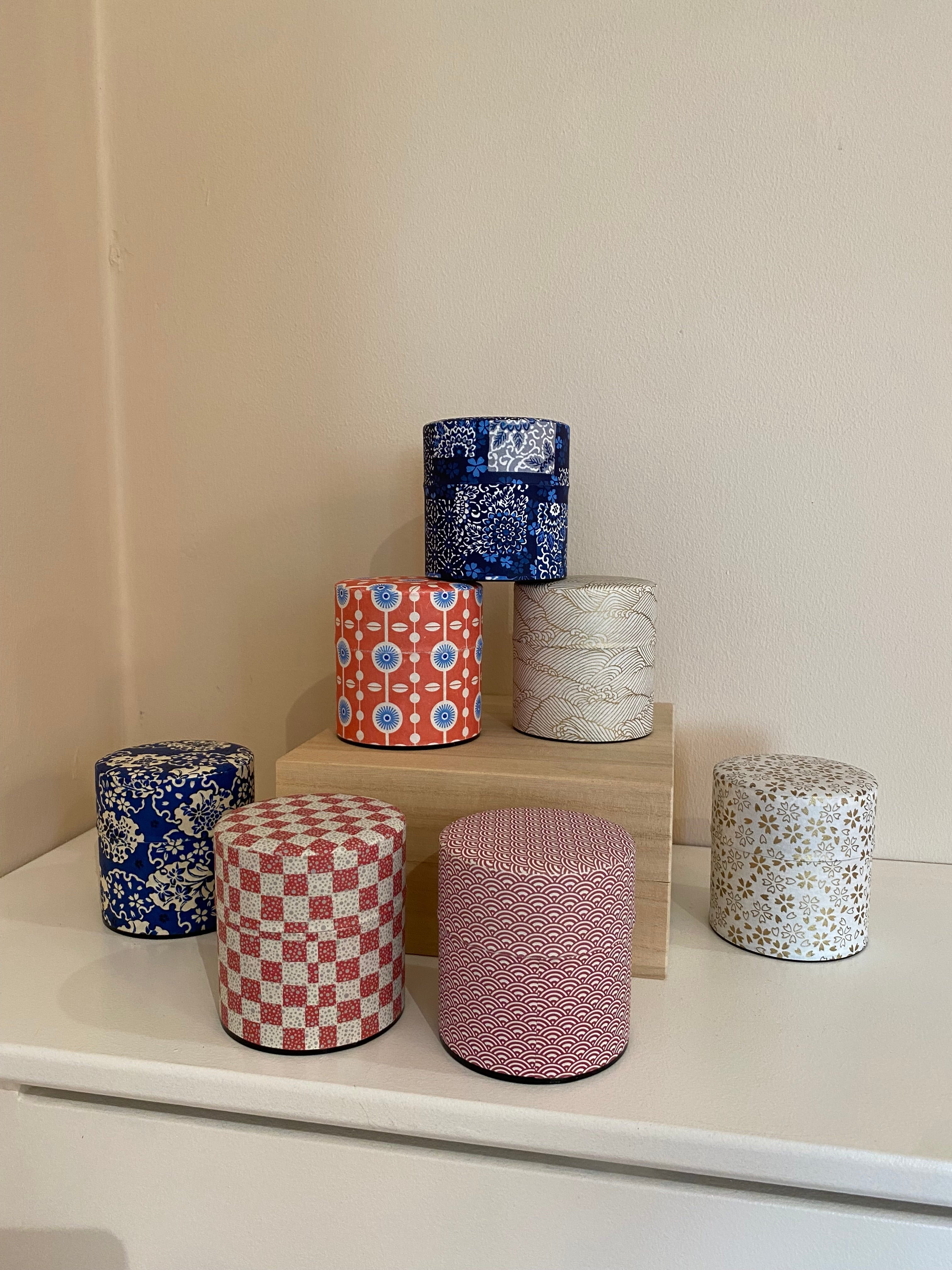 Tea tins with different prints - low