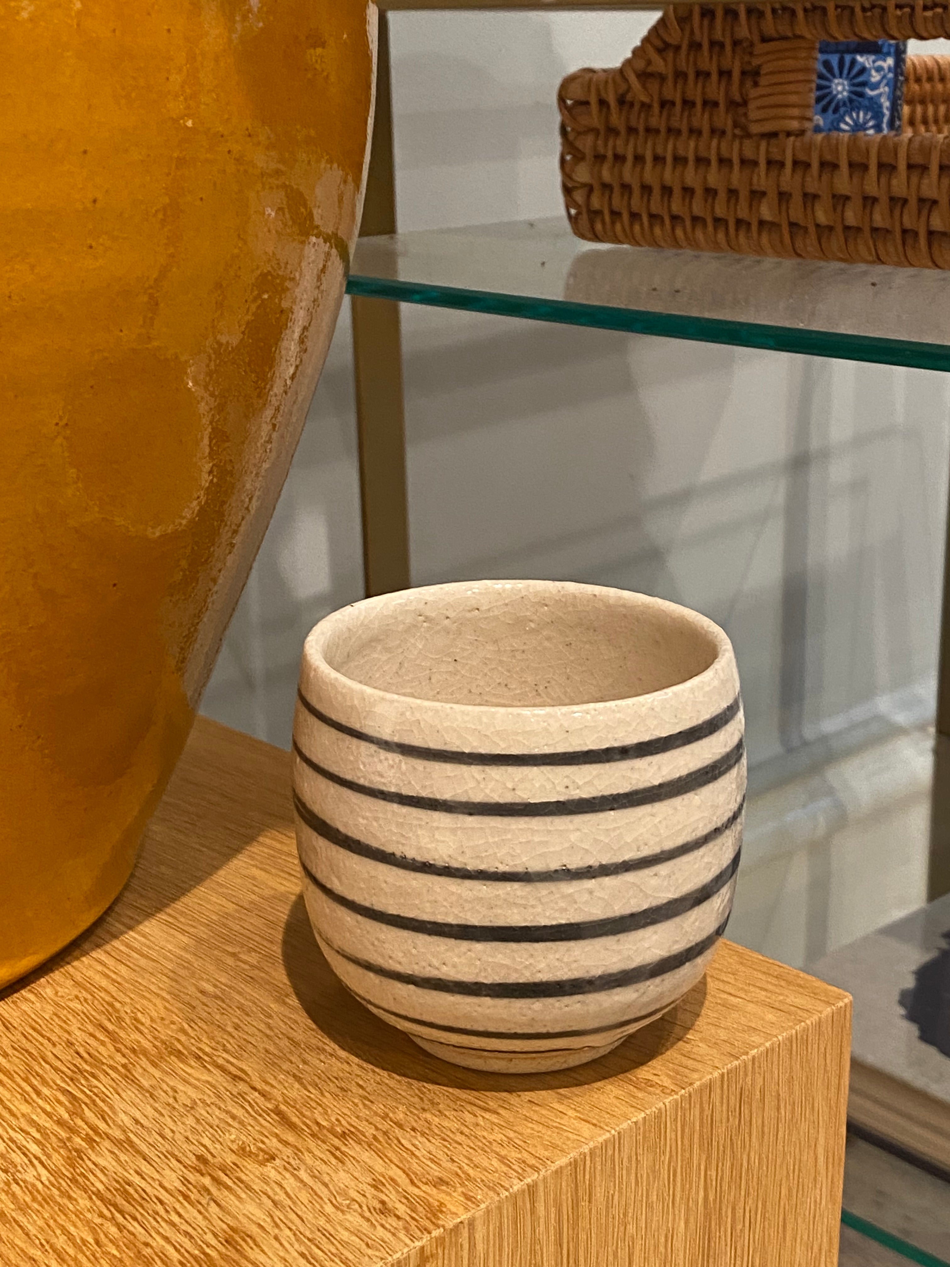Japanese cup with white frosted glaze and black stripes