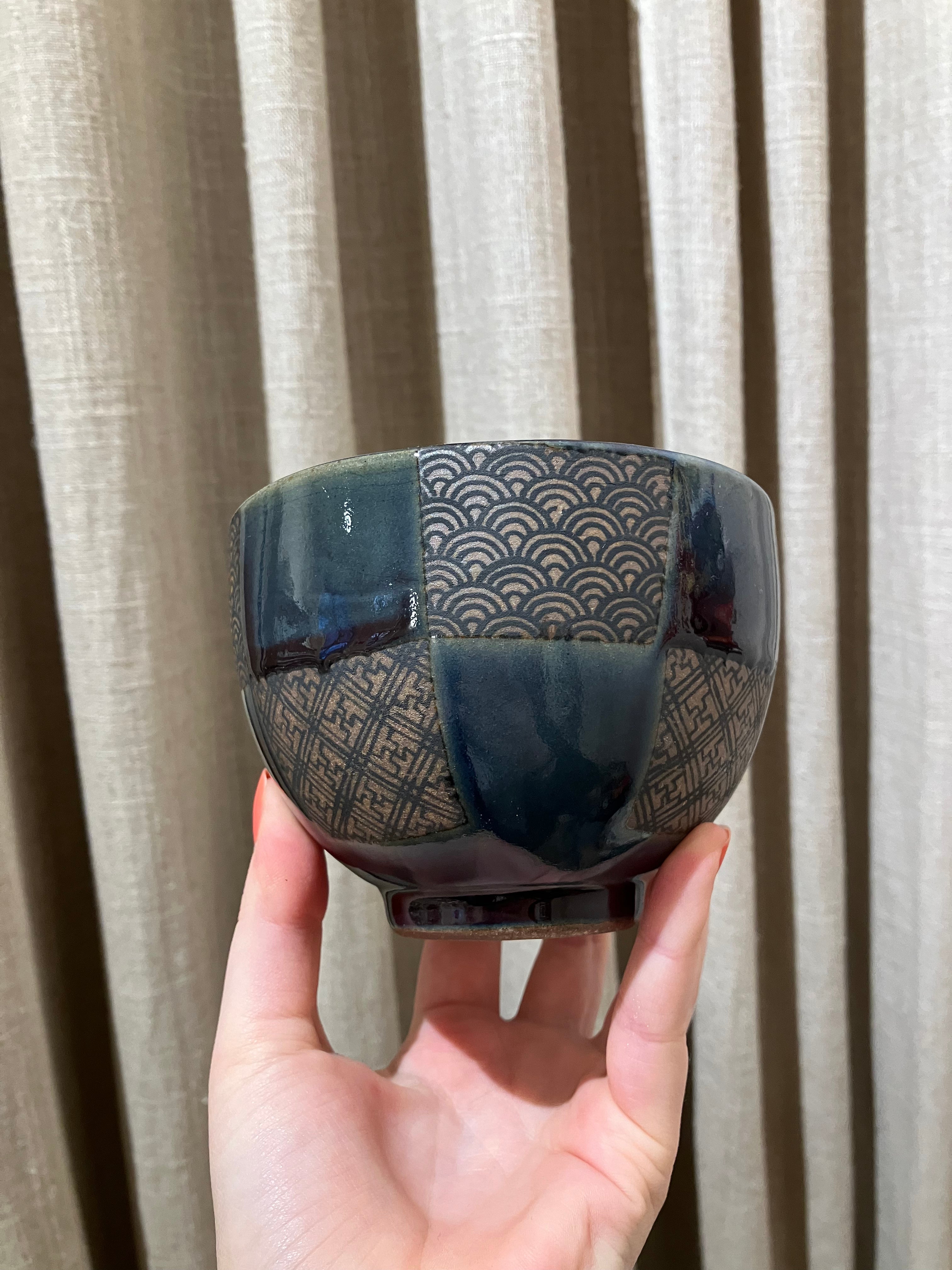 Ceramic bowl with blue checks and Japanese patterns