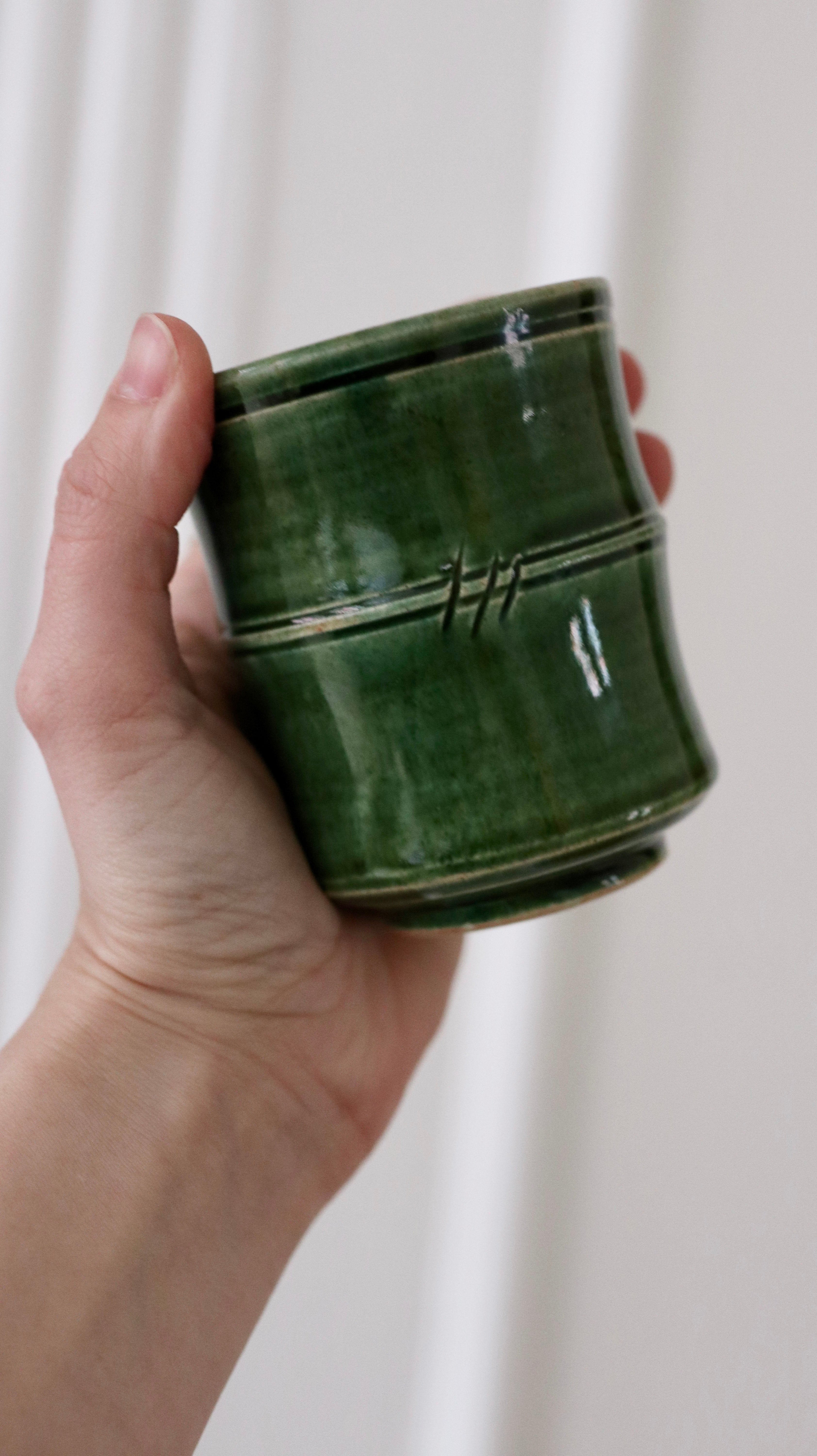 Bamboo cup with green glaze