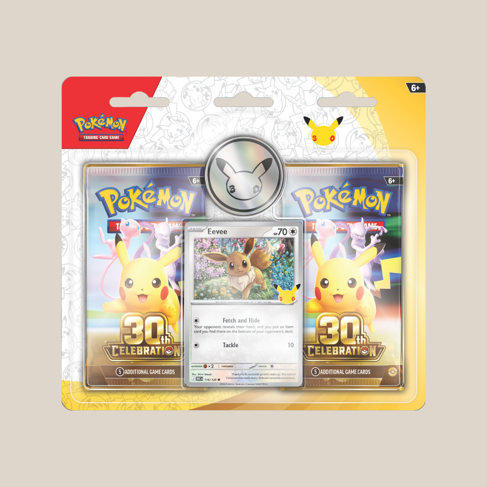Pokémon "30th Celebration" - 2 Booster packs, Eevee folie kort og metallisk mønt
