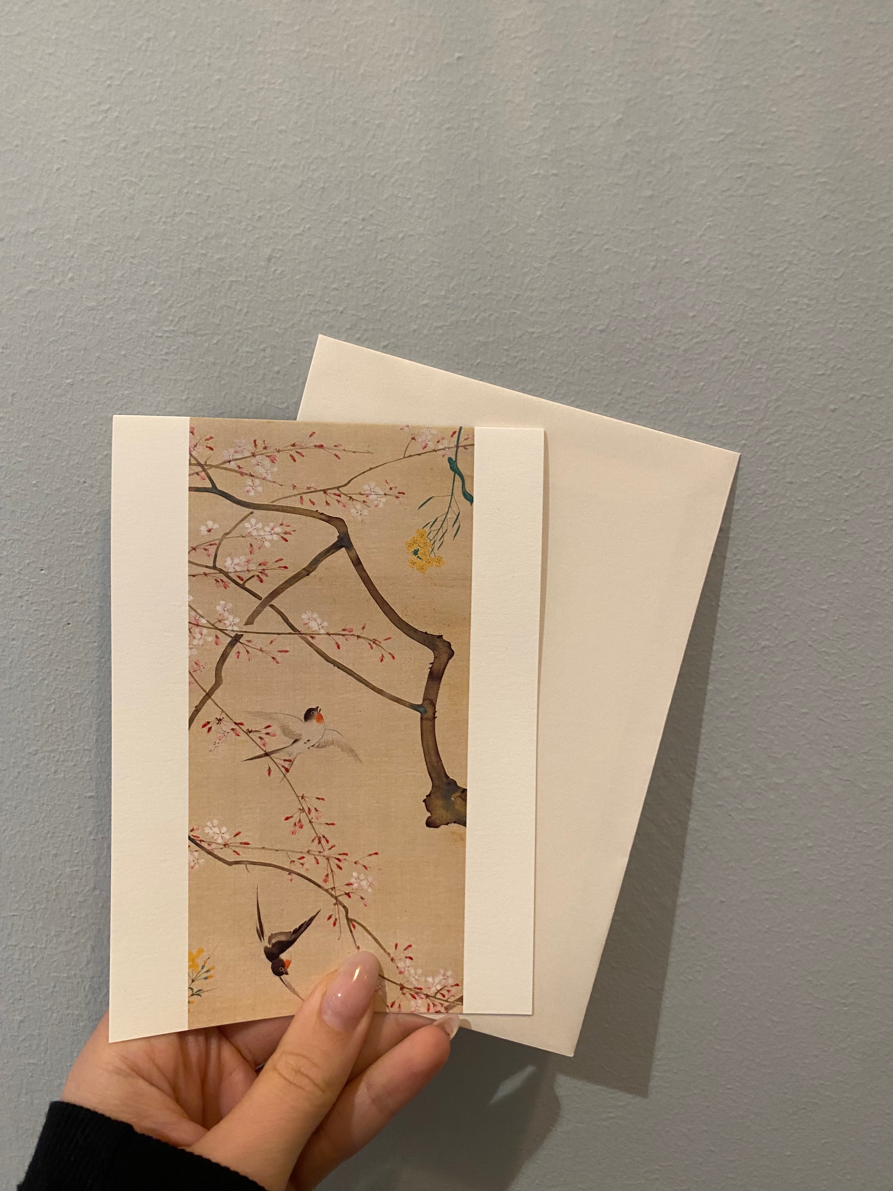Japanese card with birds and cherry blossoms