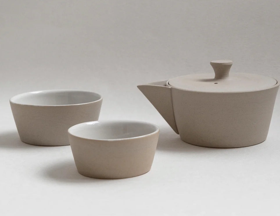 Tea set with low teapot and two cups/bowls