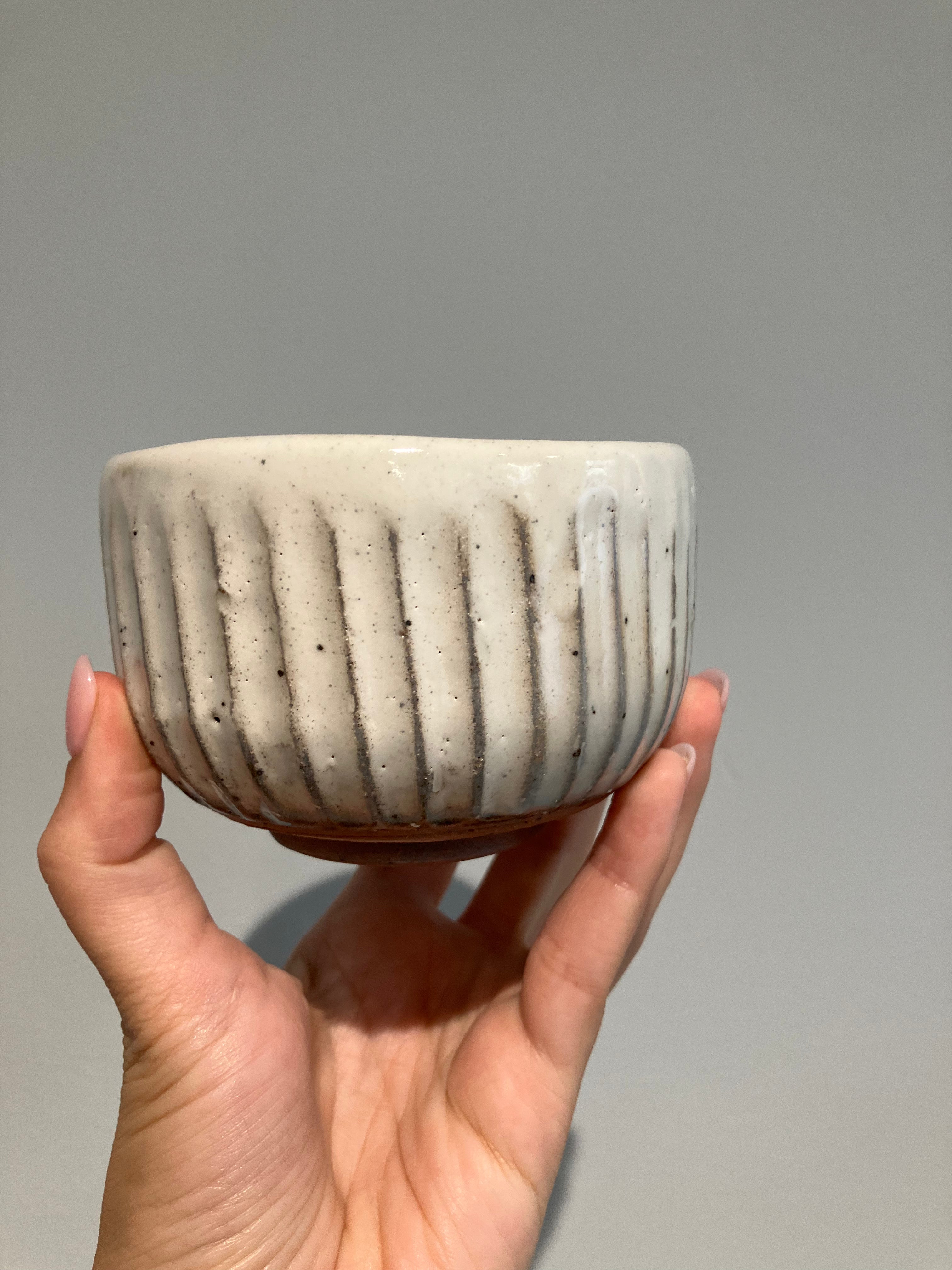 Small white matcha cup with stripes