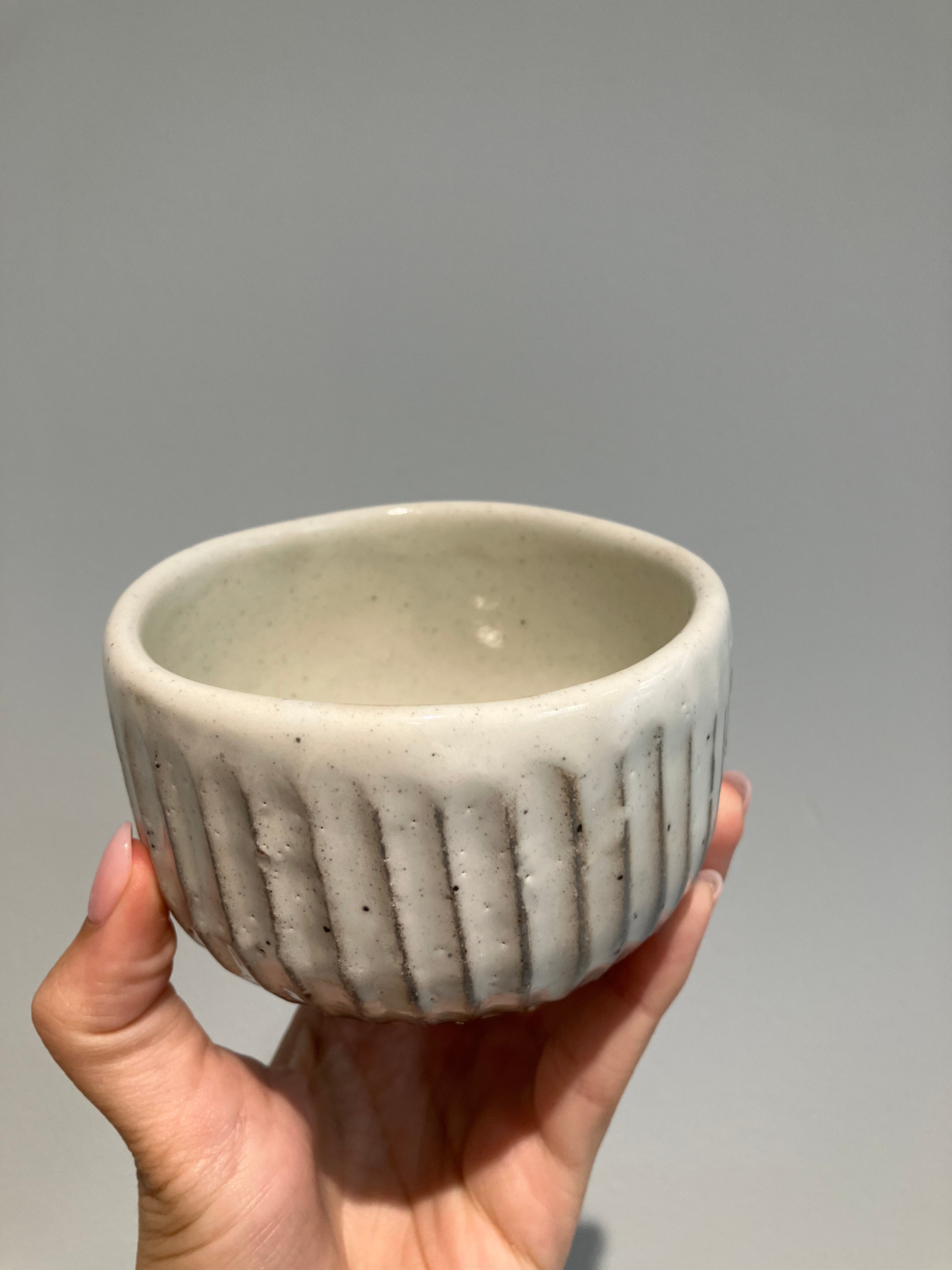 Small white matcha cup with stripes