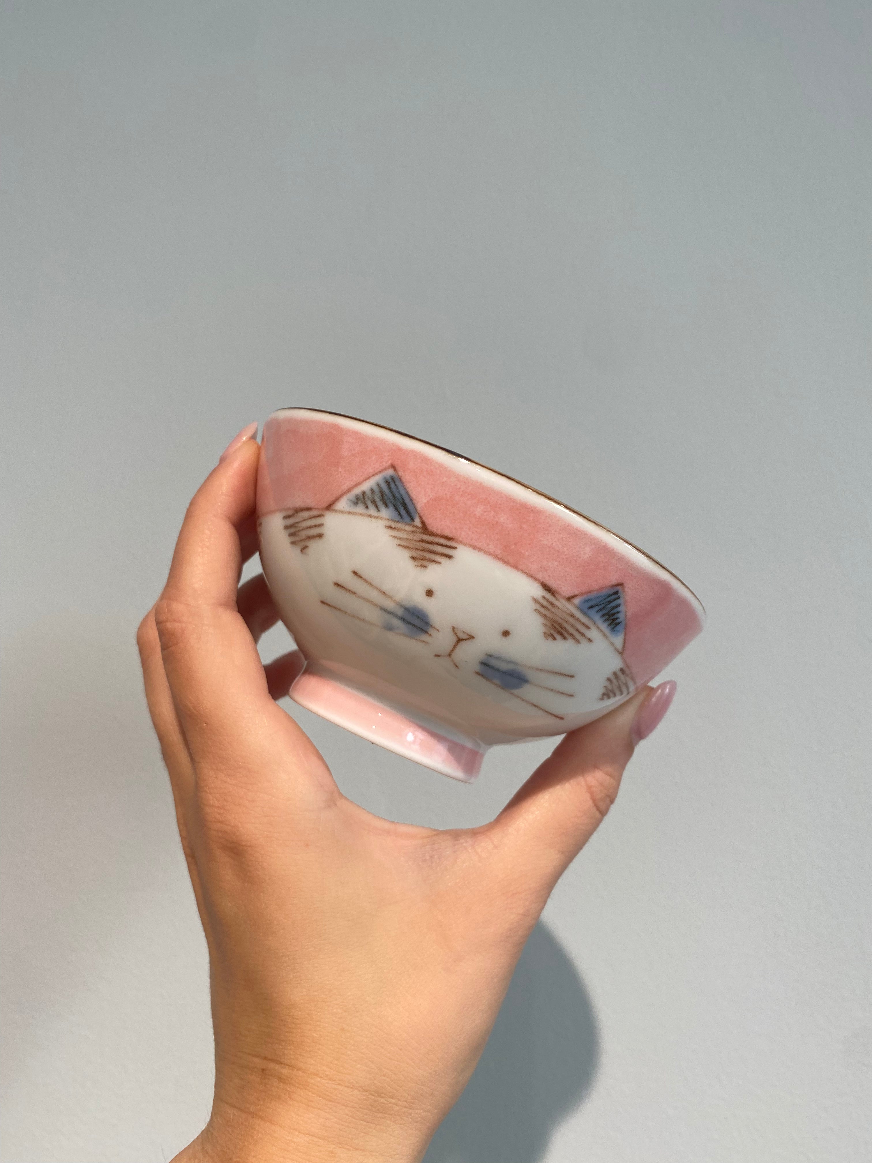 Cat bowls with a cat motif on the outside and inside