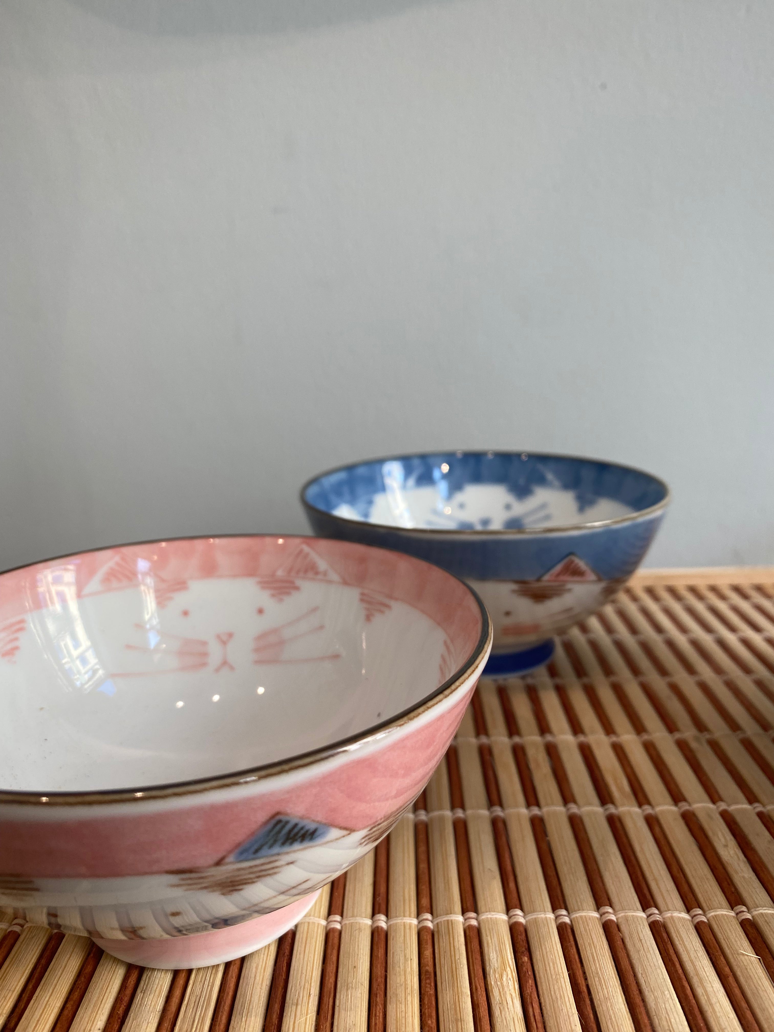 Cat bowls with a cat motif on the outside and inside