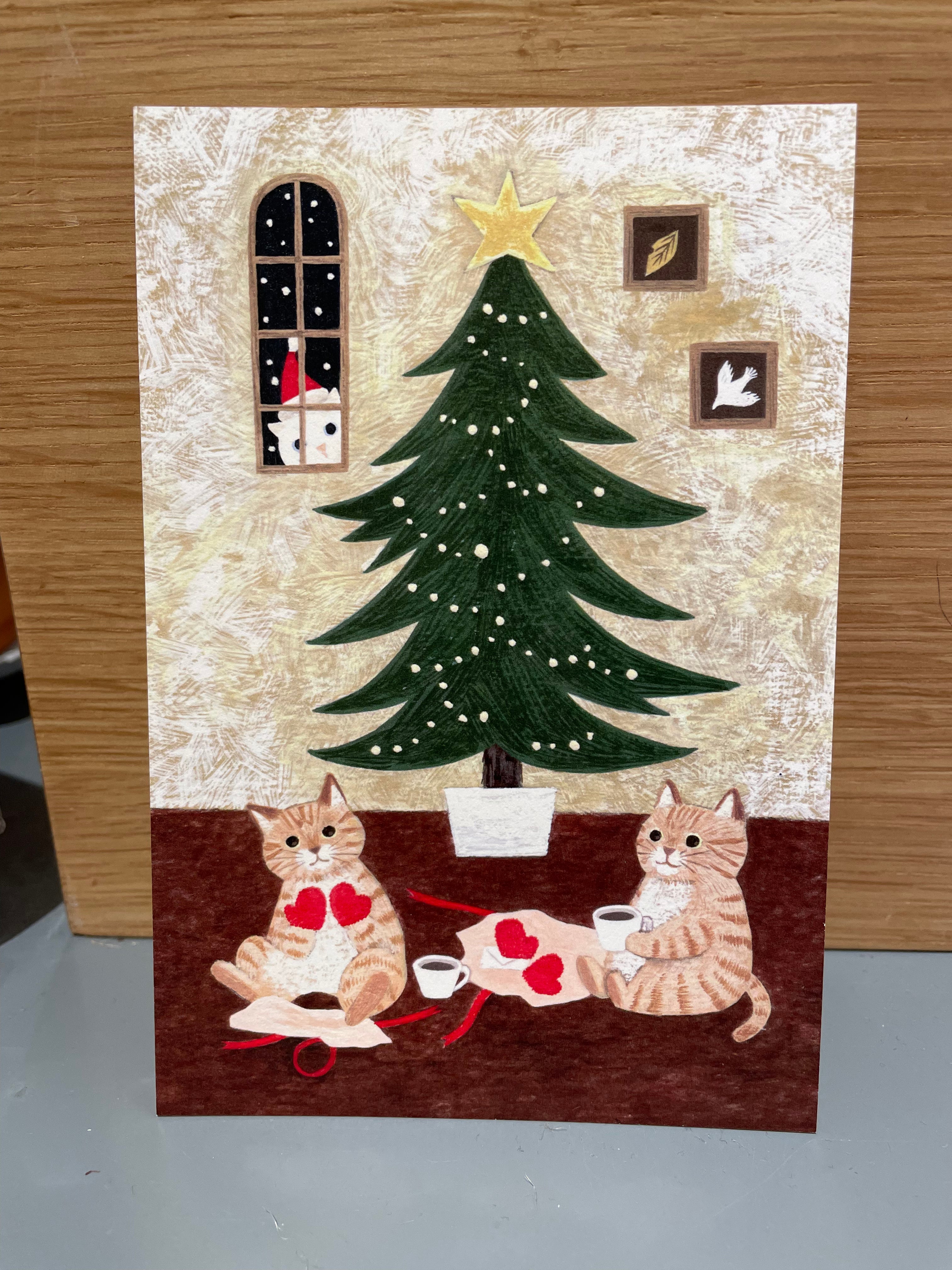 Postkort med juletræ og katte