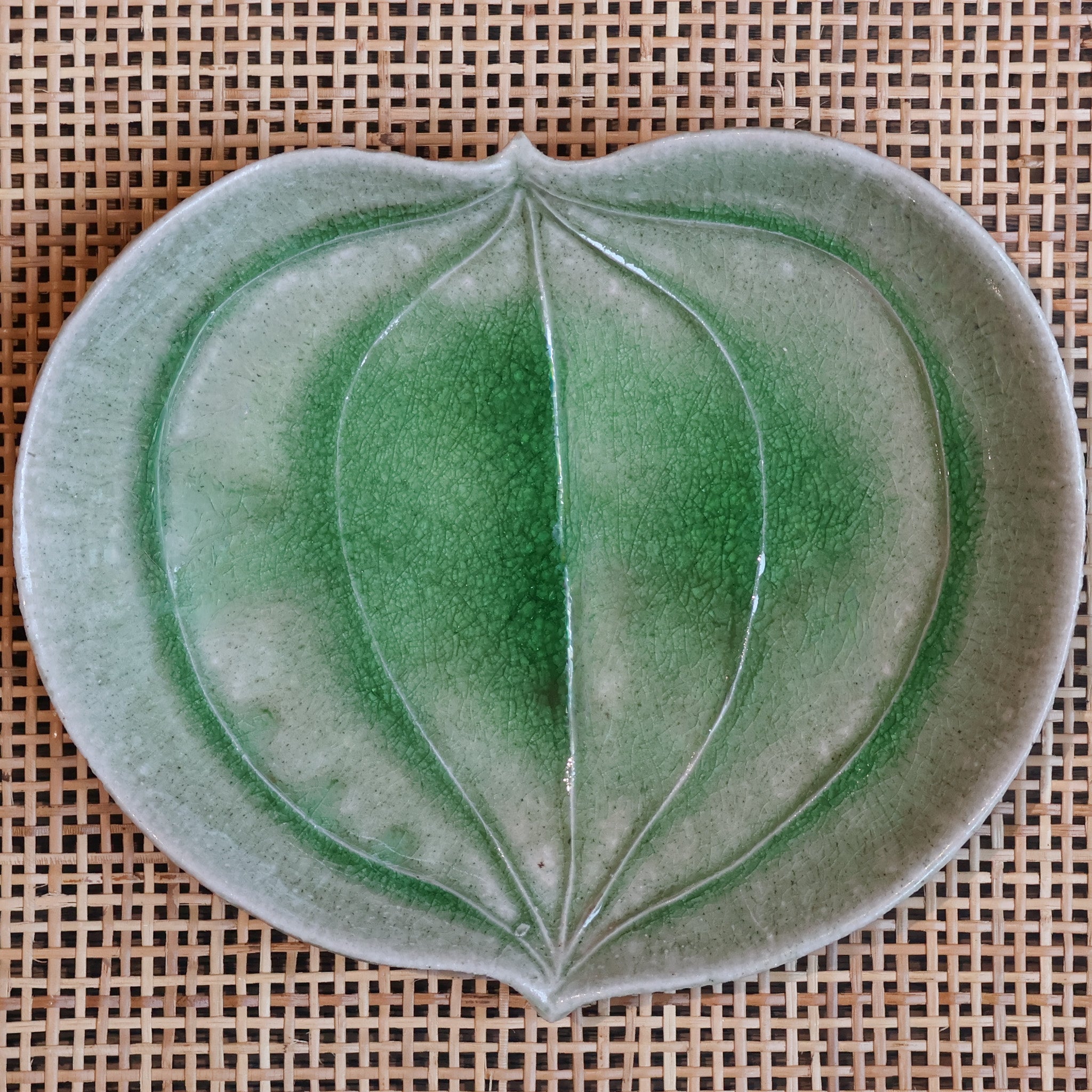 Leaf dish with green crackled glaze
