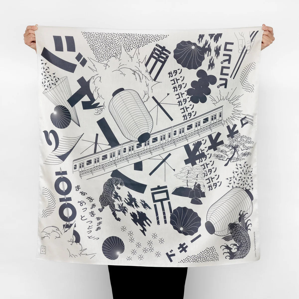 Japansk vægtæppe: Furoshiki med japanske manga motiver i mørkeblå