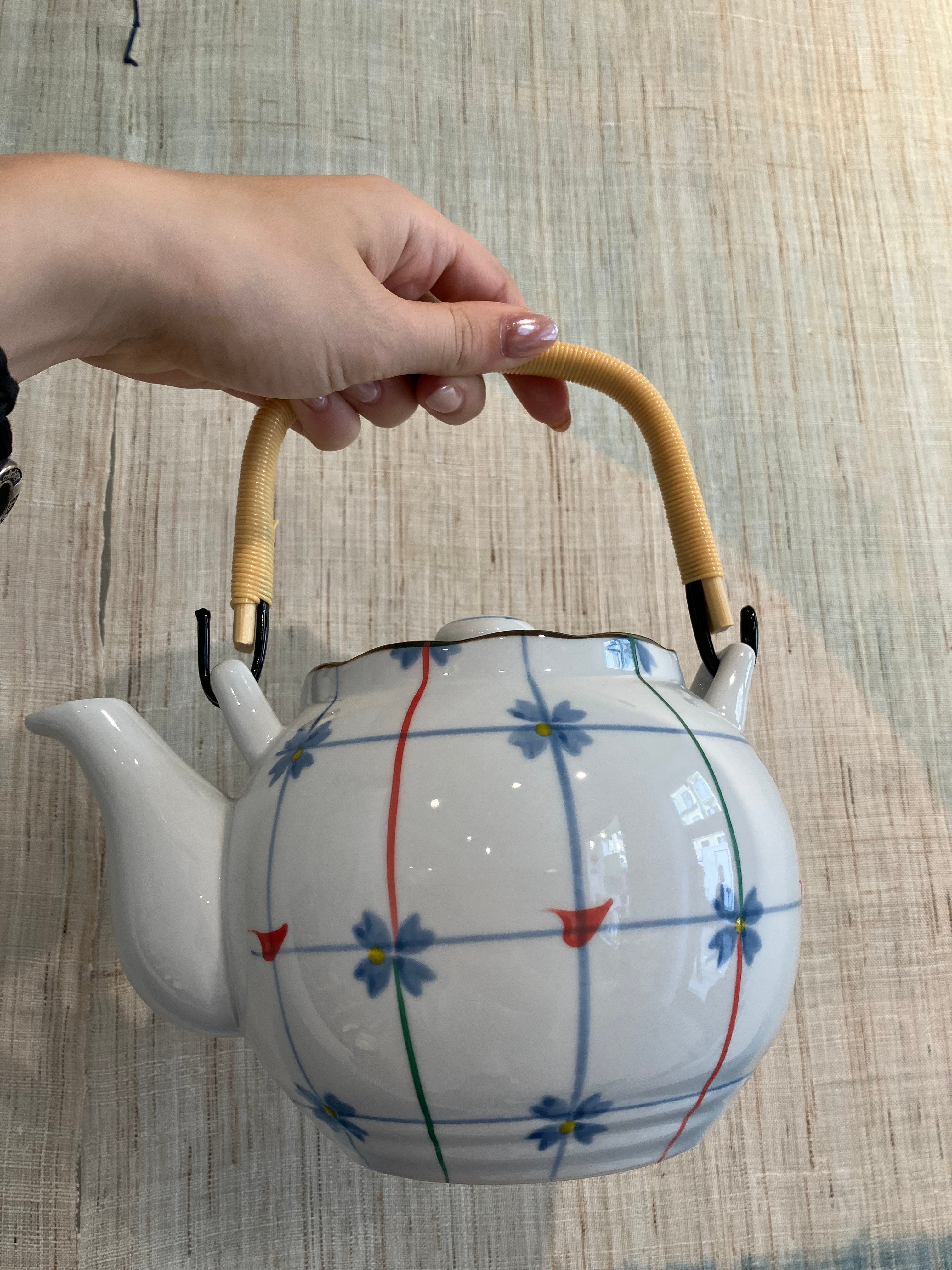 Japanese teapot with flowers and stripes