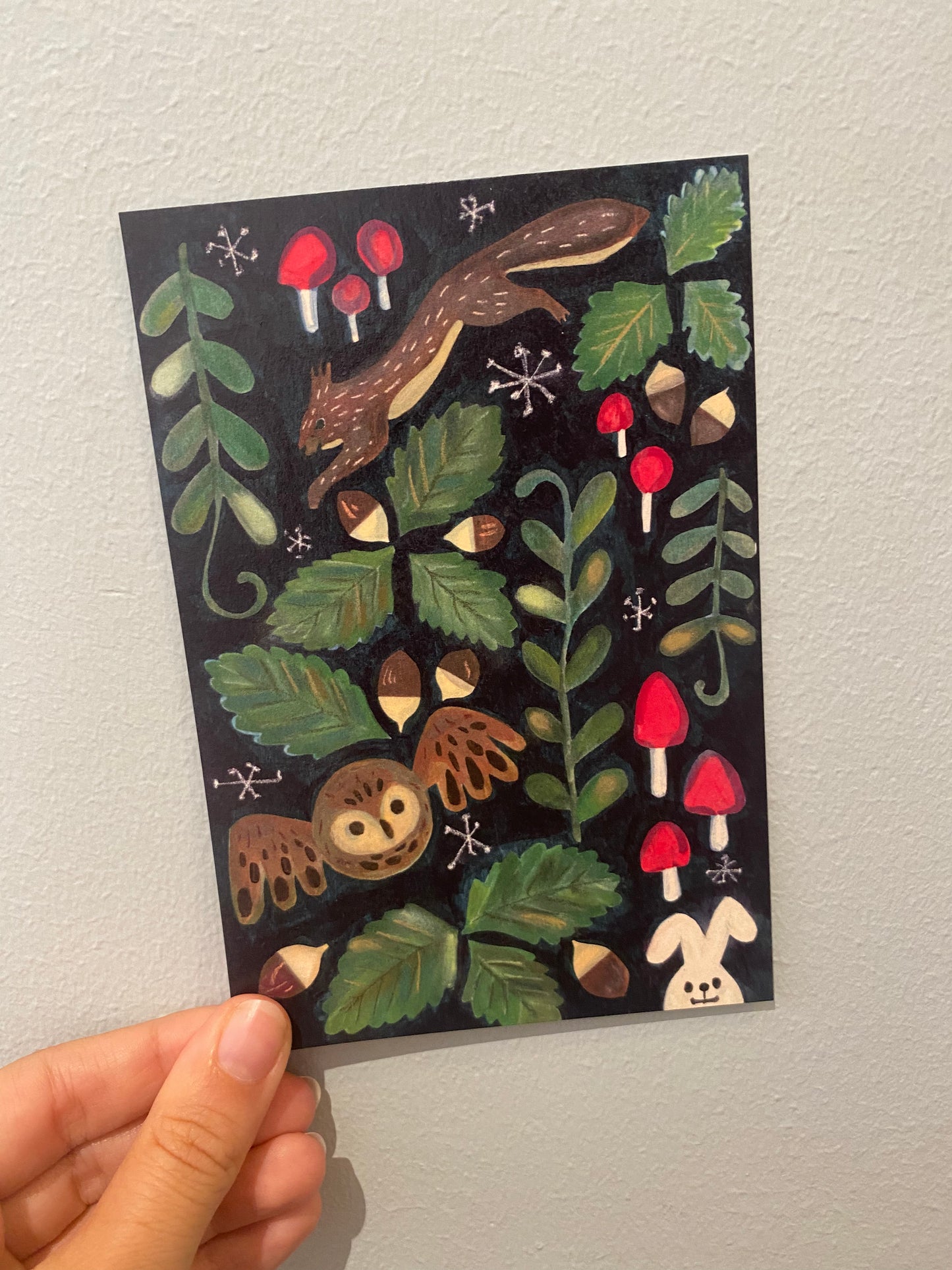 Japansk postkort med mørk baggrund og motiv af dyr