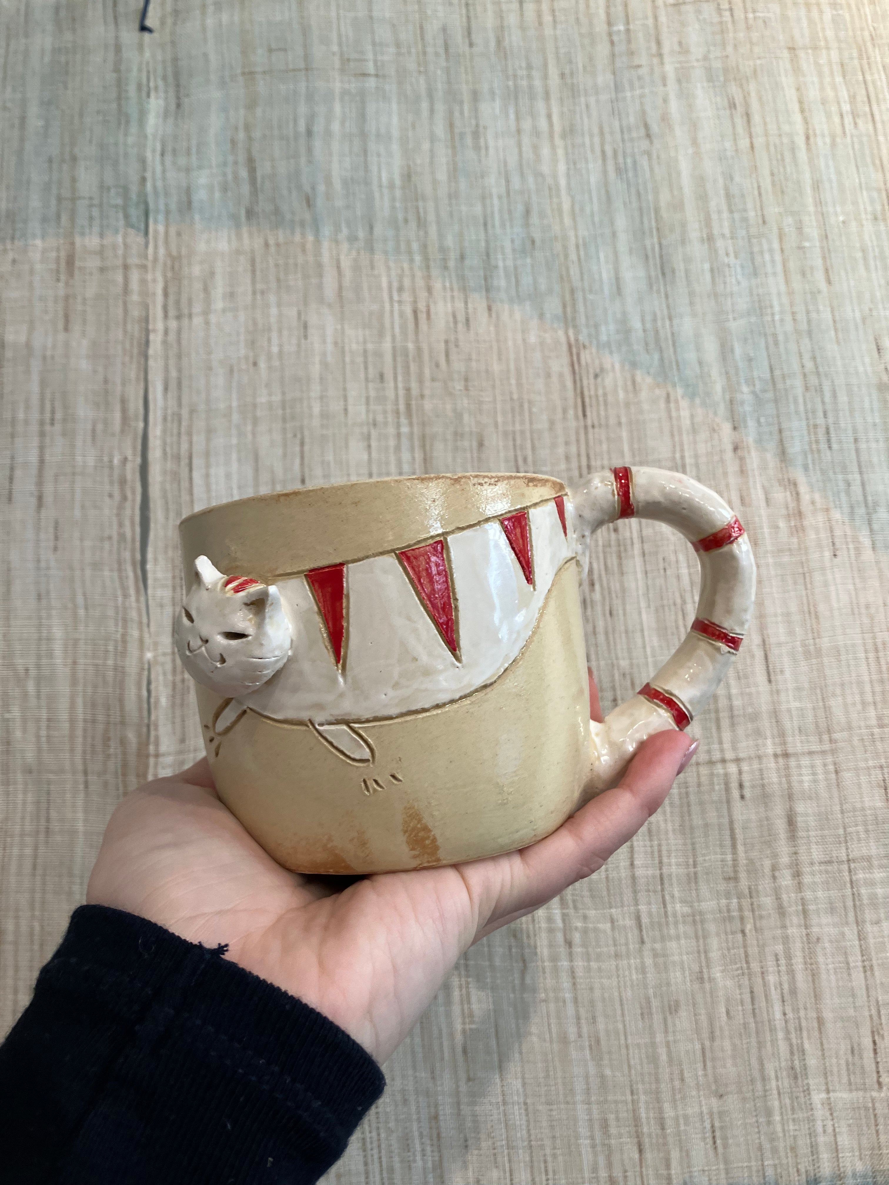Handmade cup with cat and handle