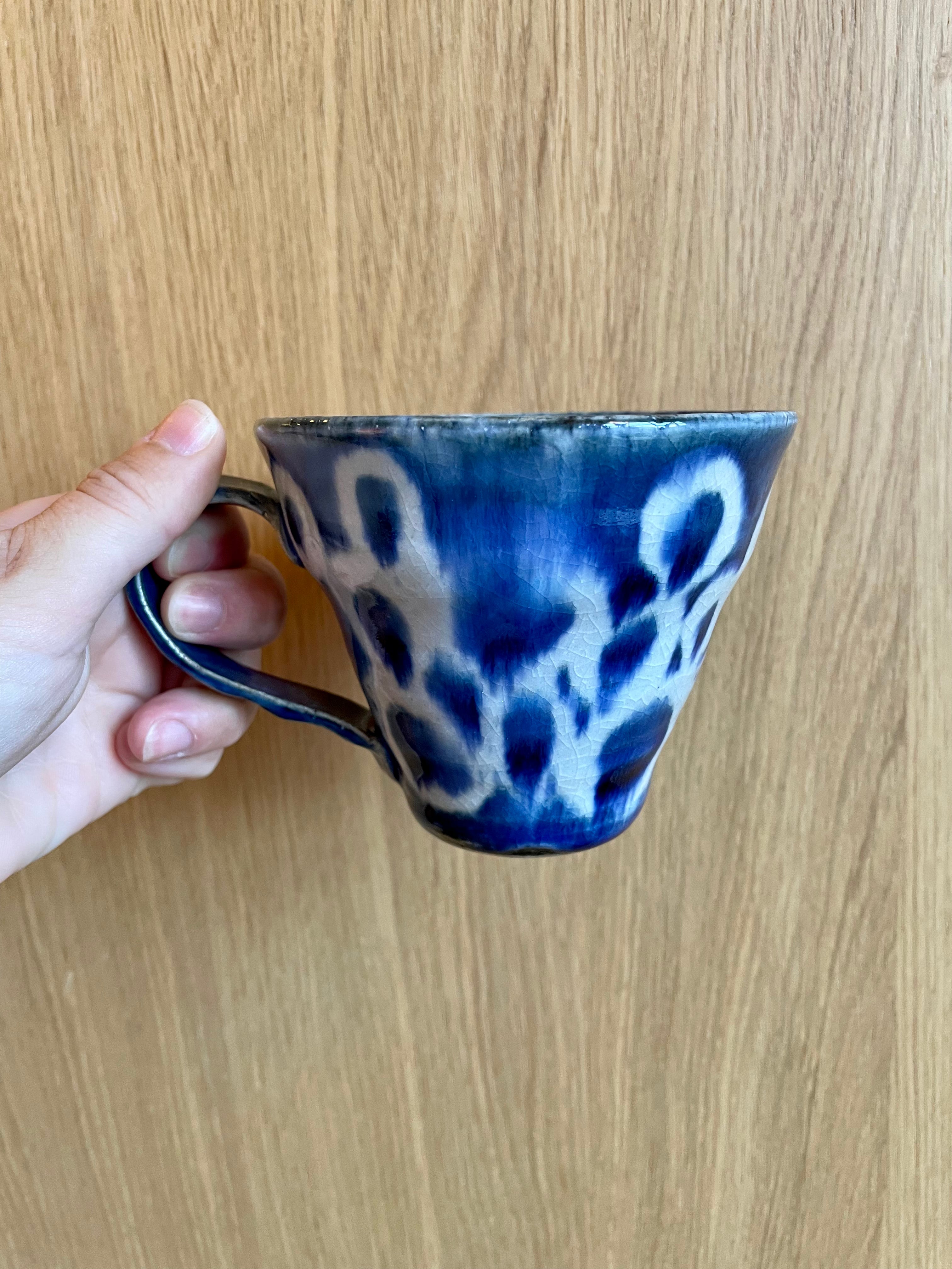 Large Japanese cup with blue glaze and white circles