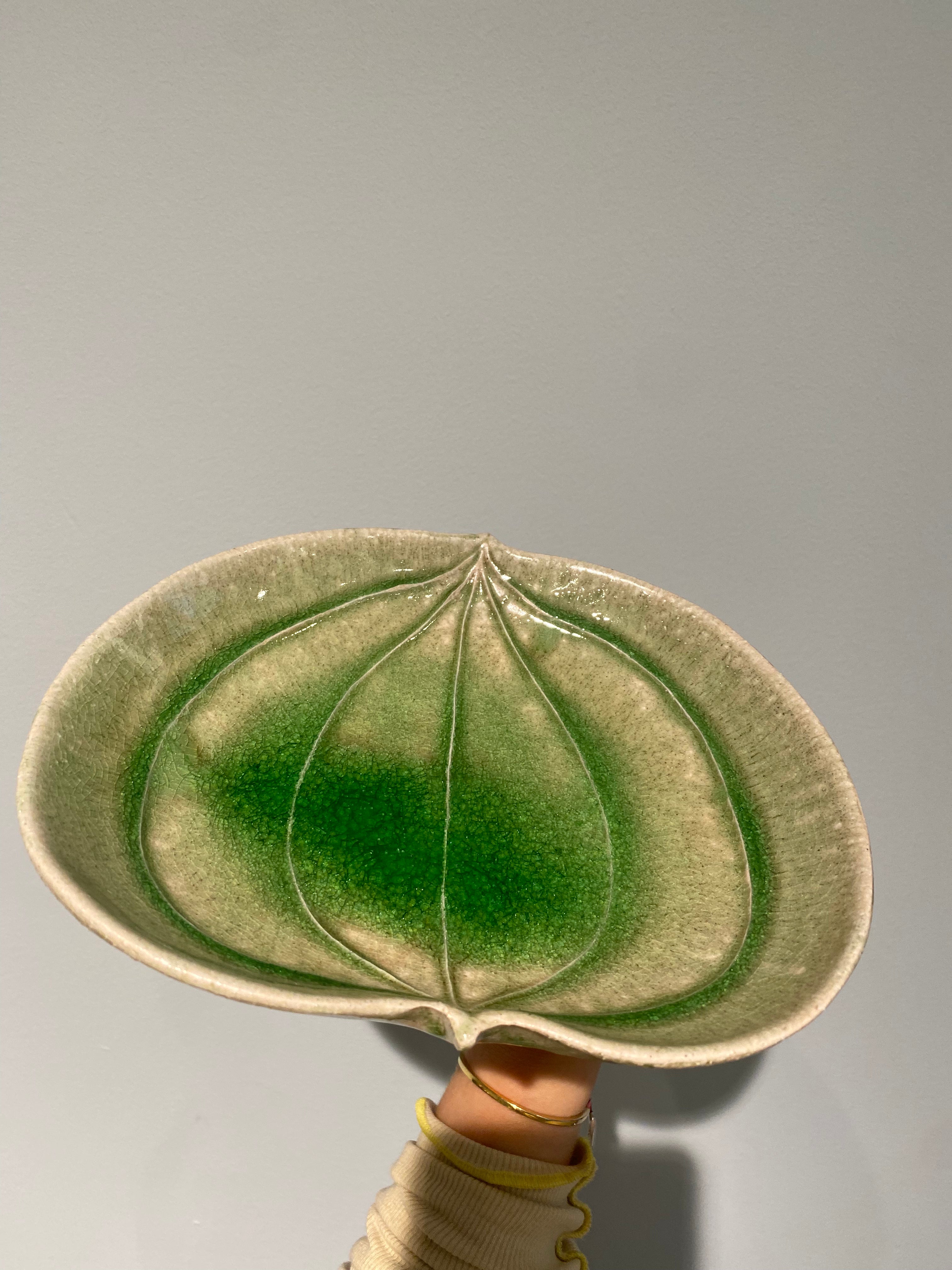 Leaf dish with green crackled glaze
