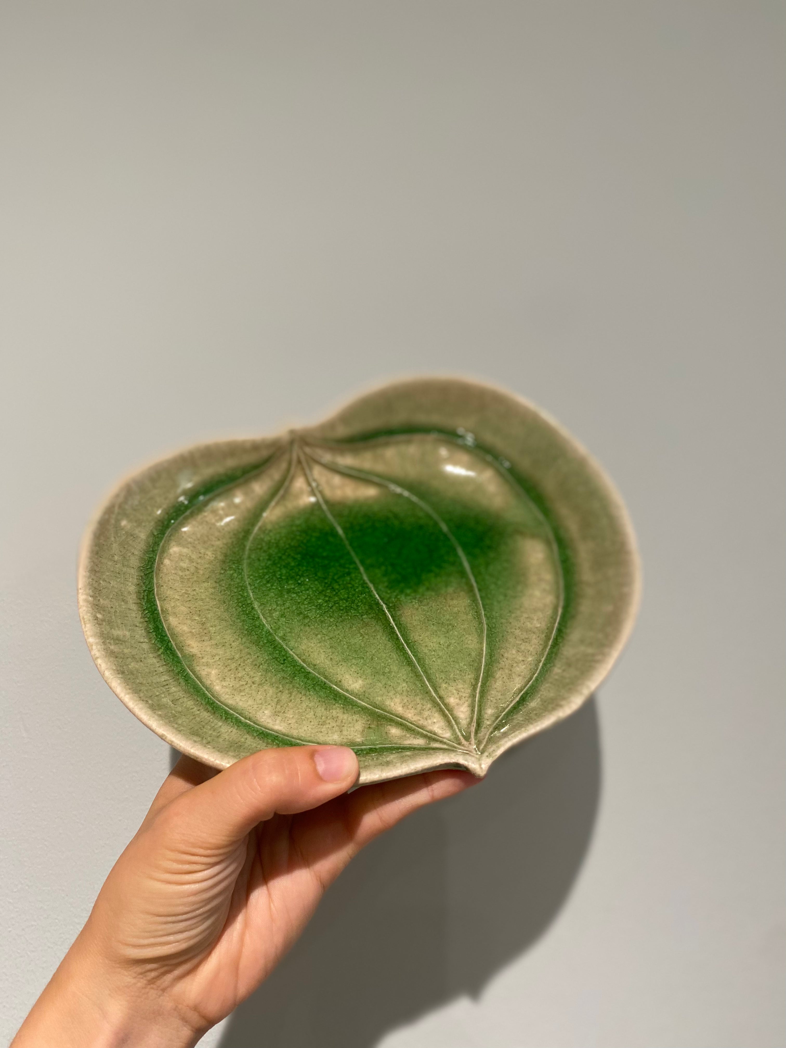 Leaf dish with green crackled glaze