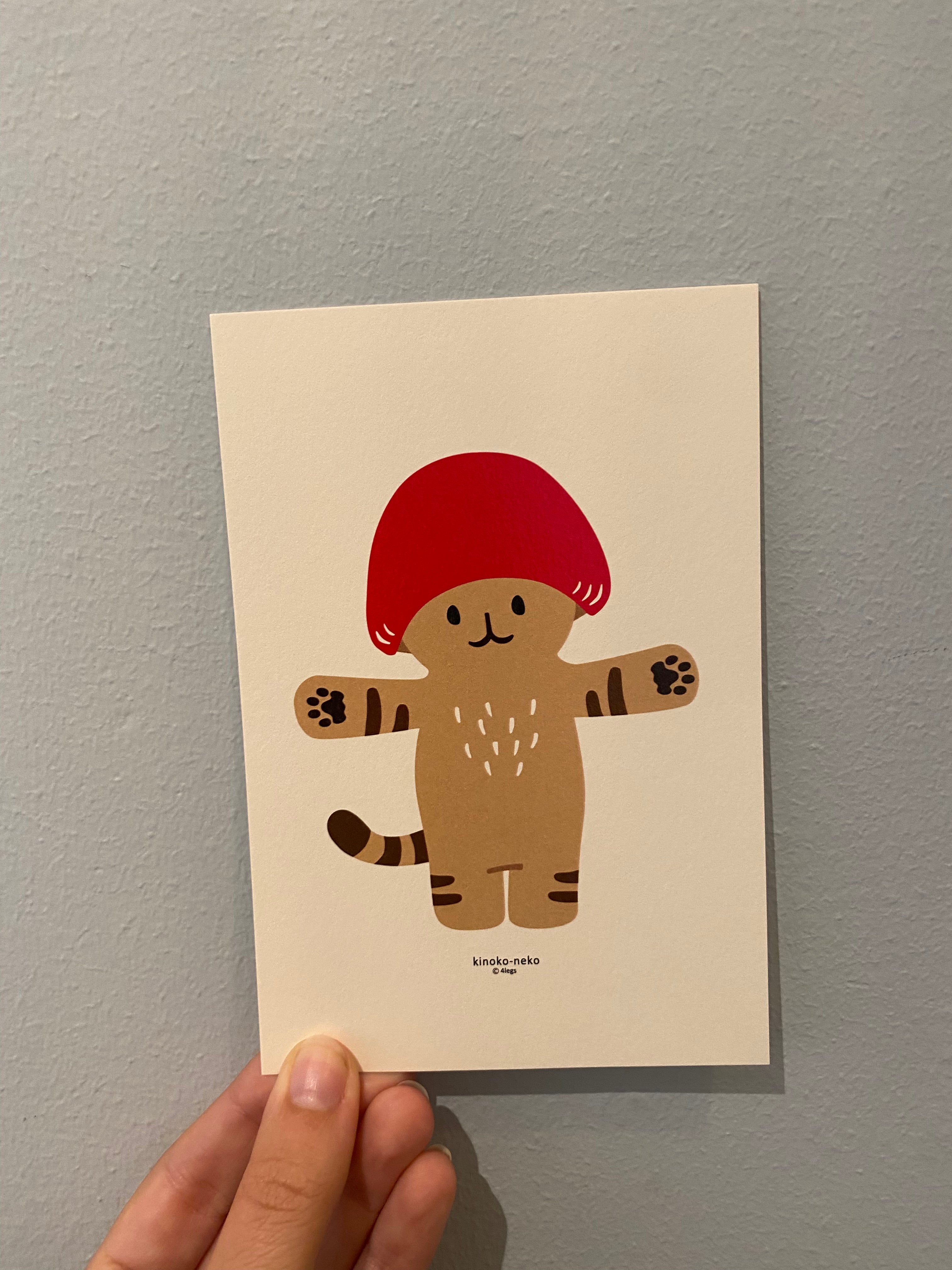 Japanese card with cat and mushroom hat