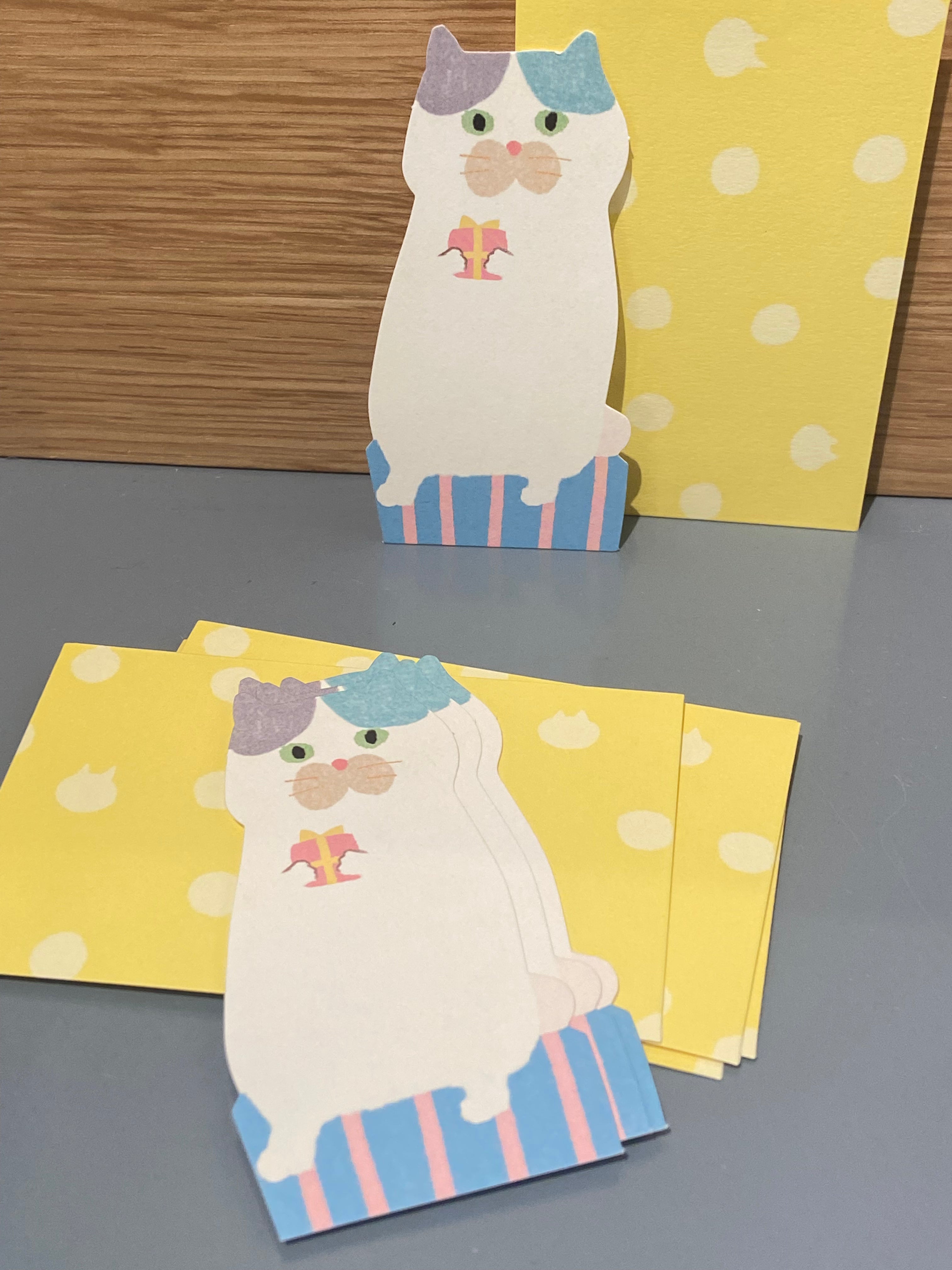 Set of 5 small cards + yellow envelopes, white cat