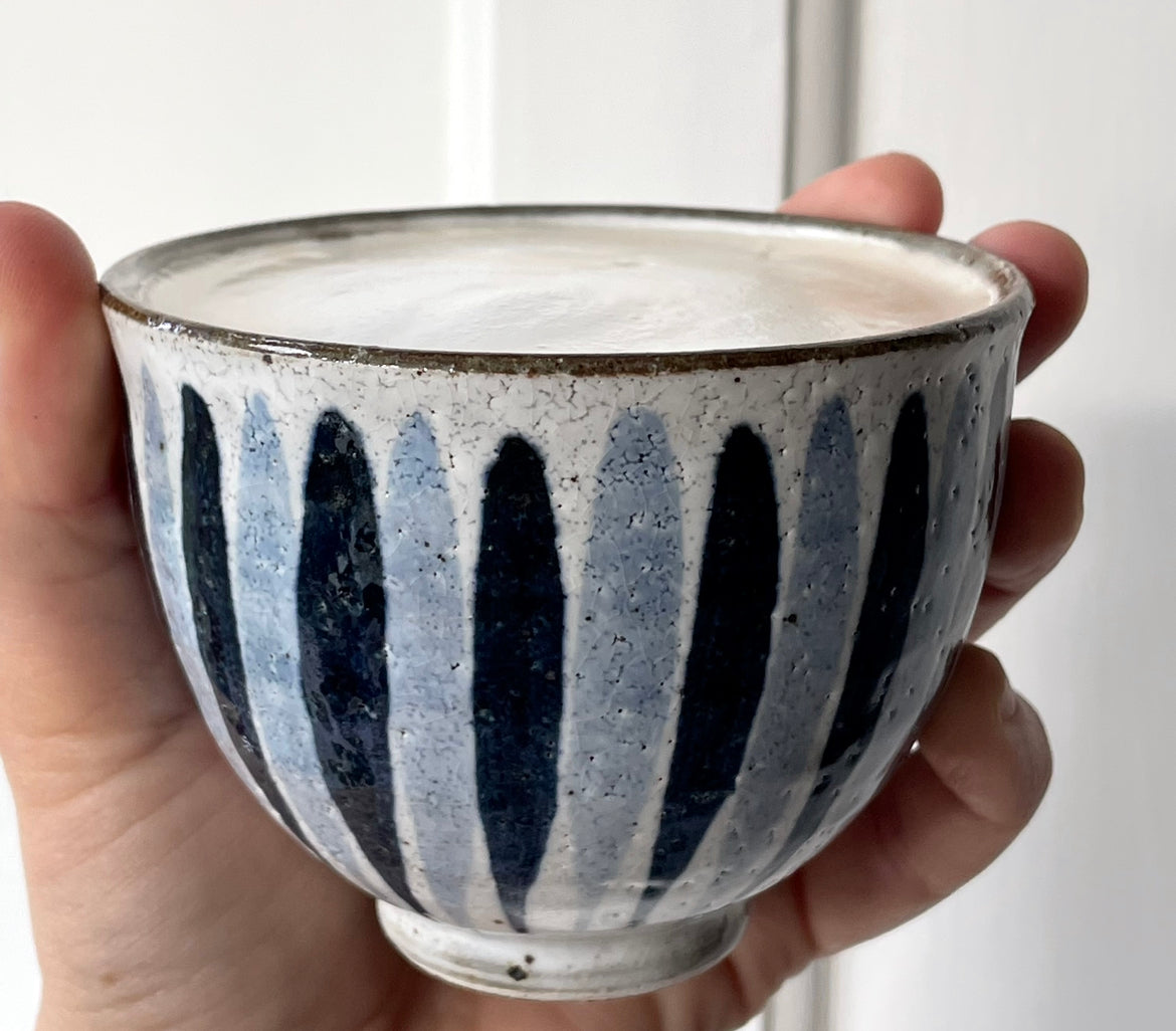 Handmade Japanese cup with blue stripes