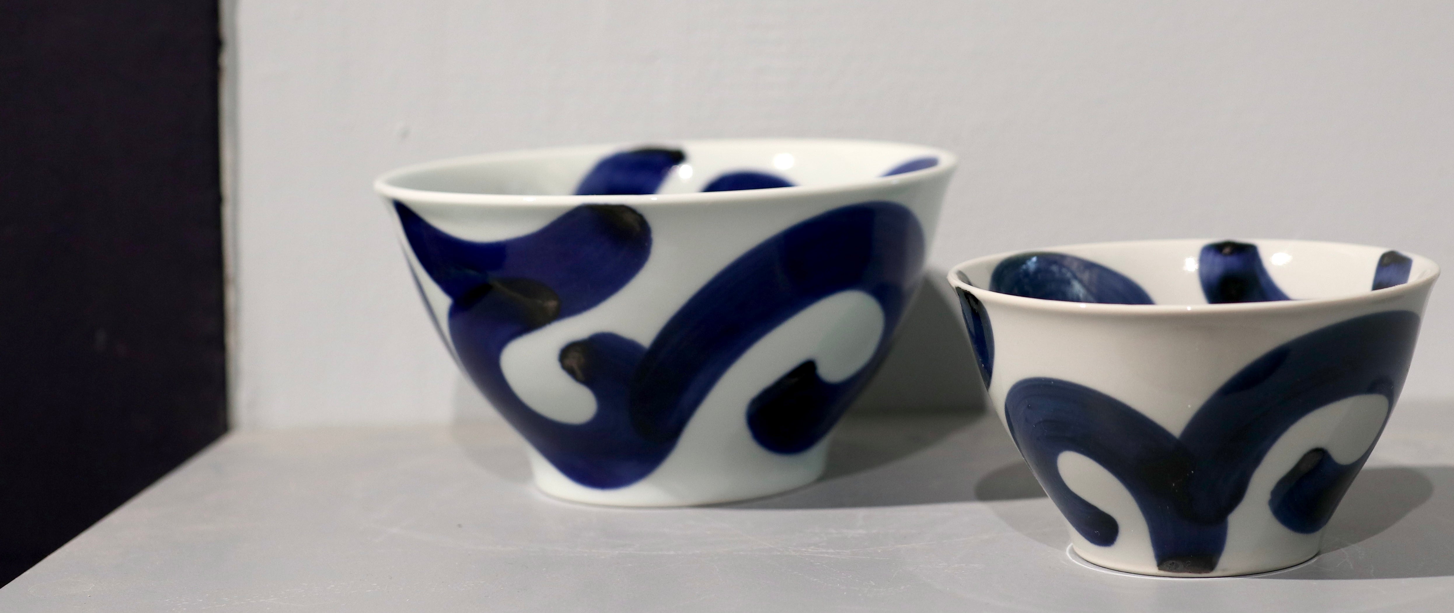 Japanese bowl with broad dark blue brush strokes