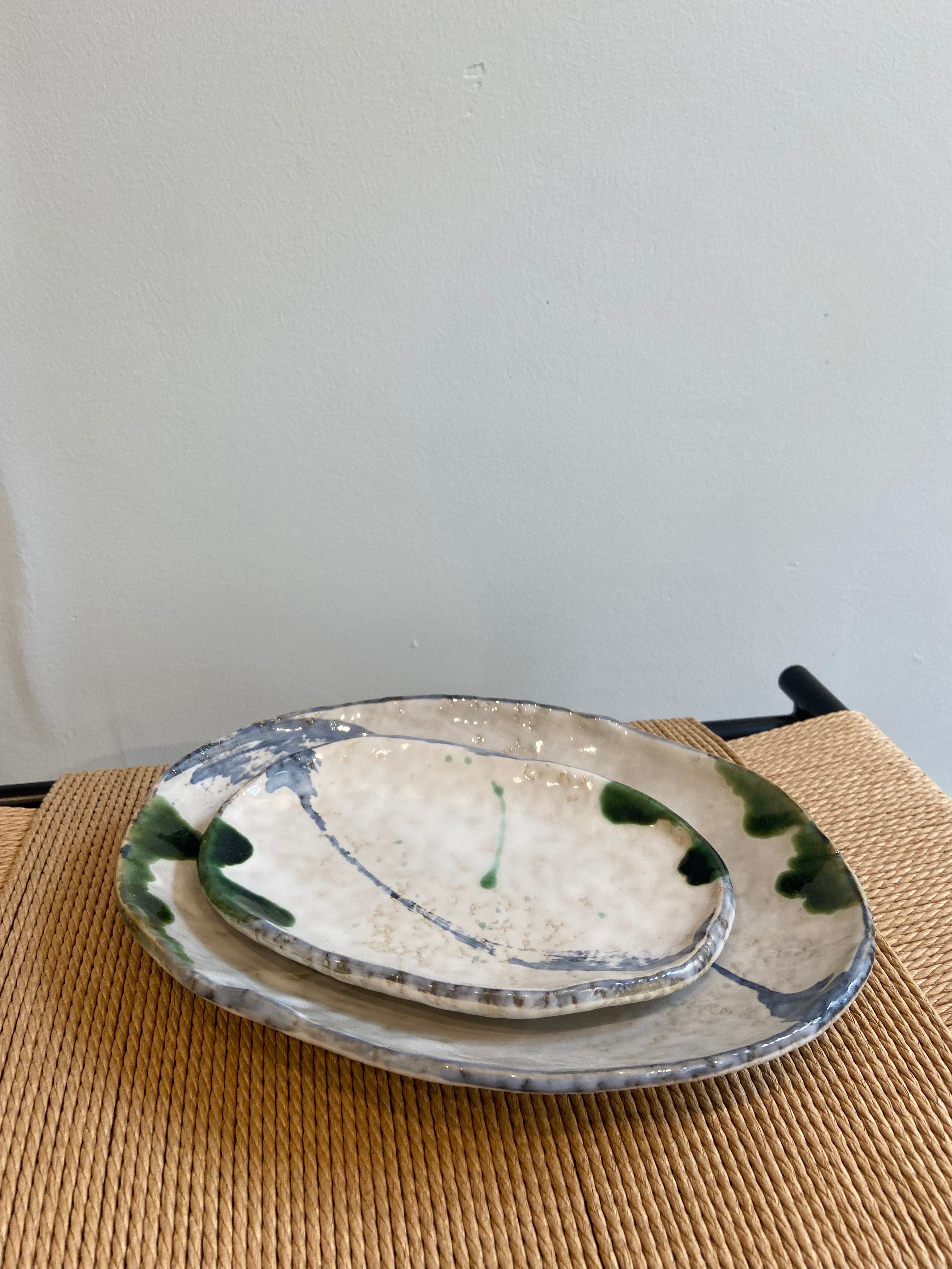 Japanese dish with blue and green pattern, large