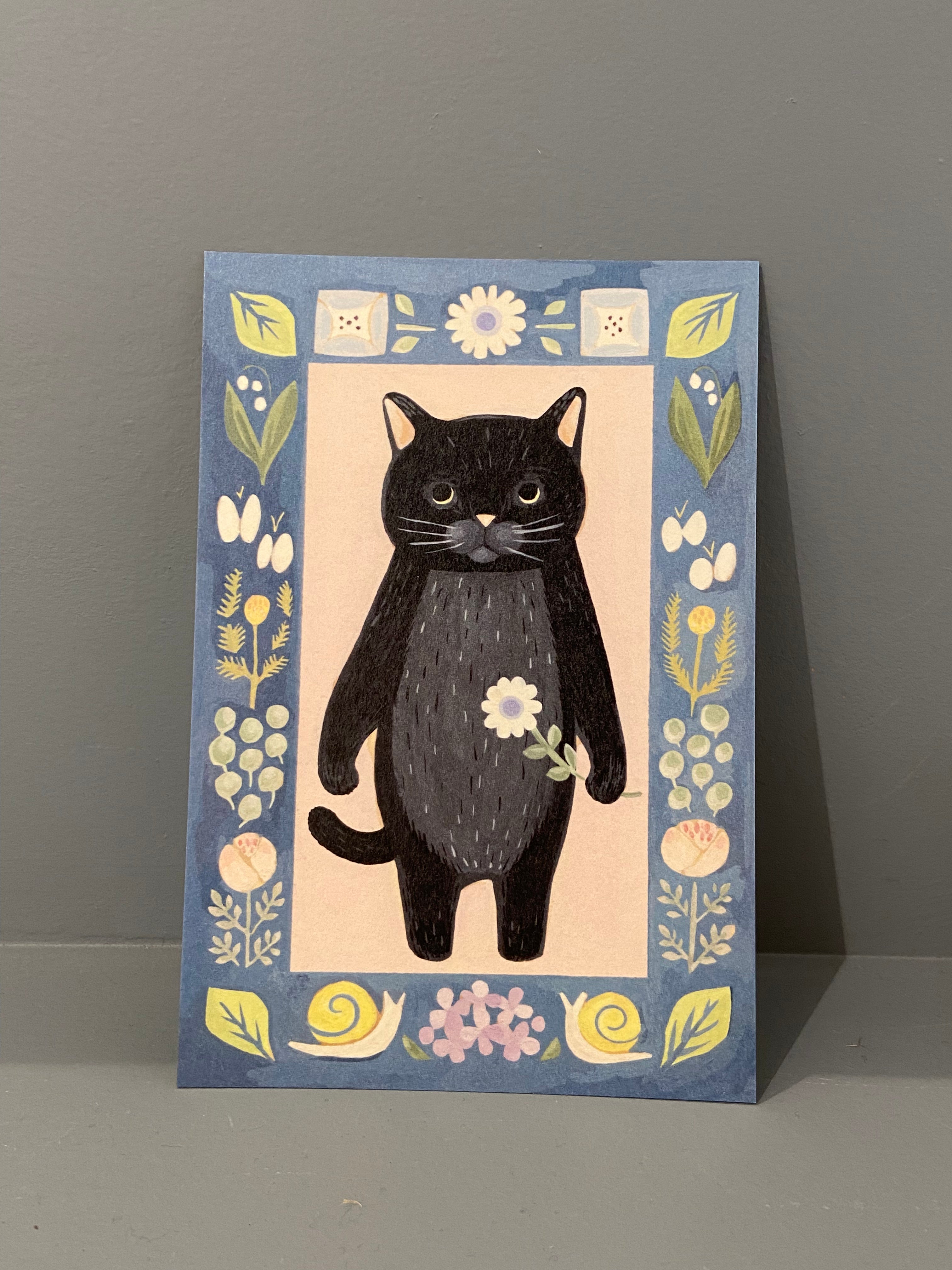 Postcard - Black cat with blue border
