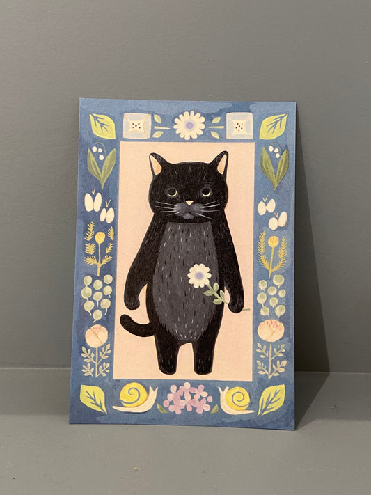 Postkort - Sort kat med blå kant