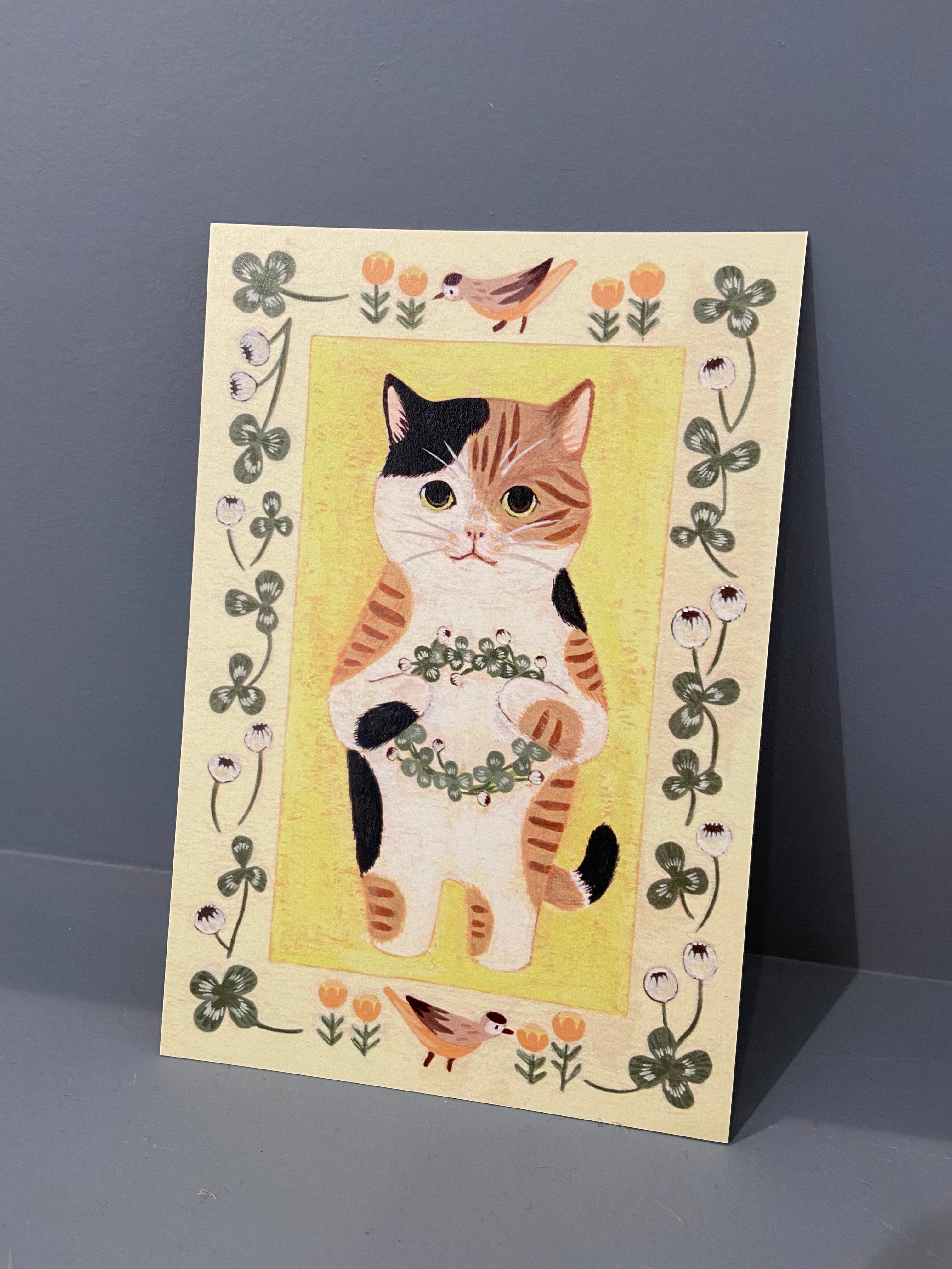 Japanese card with spotted cat, yellow
