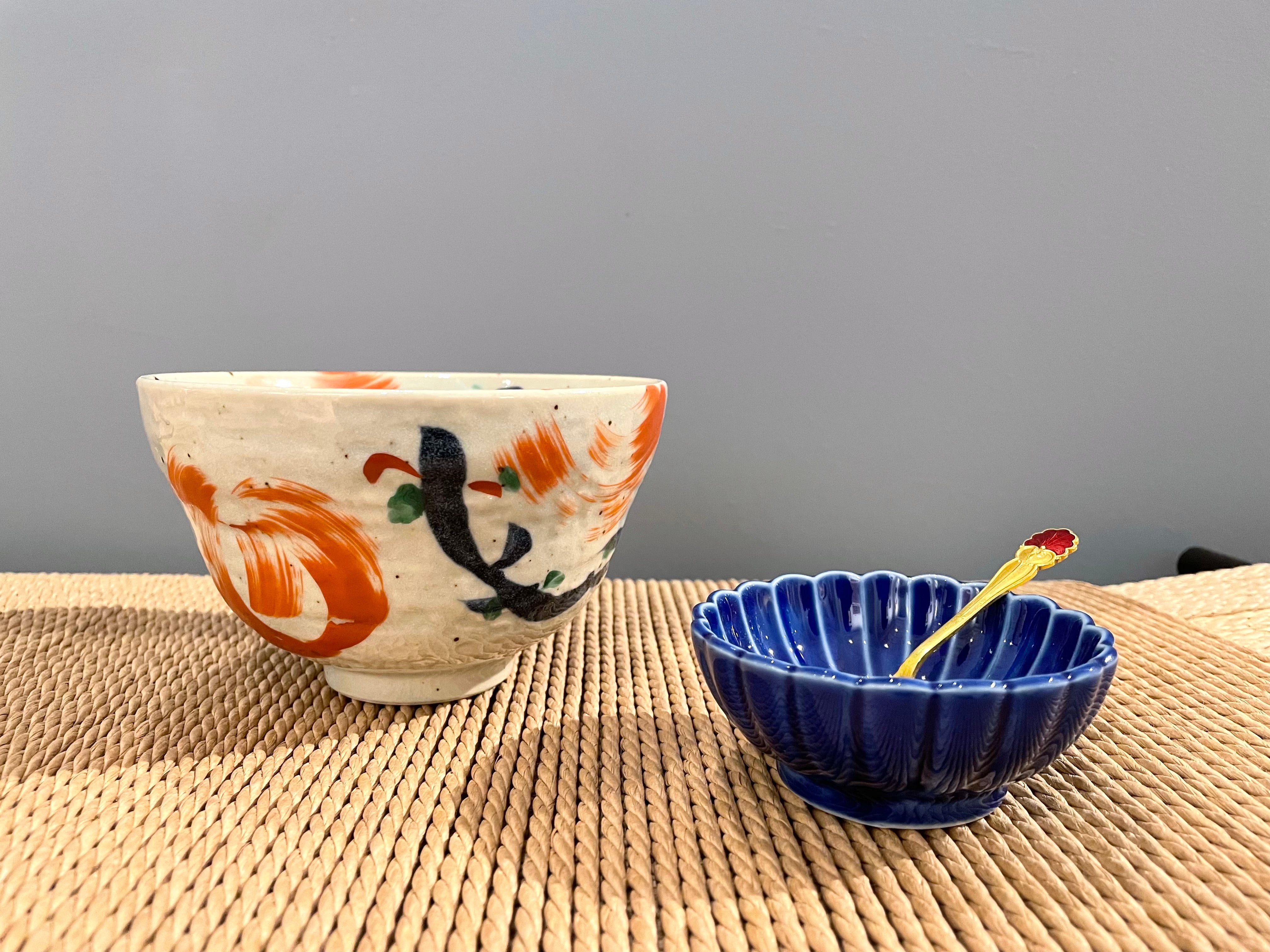 Handmade bowl with red and blue pattern