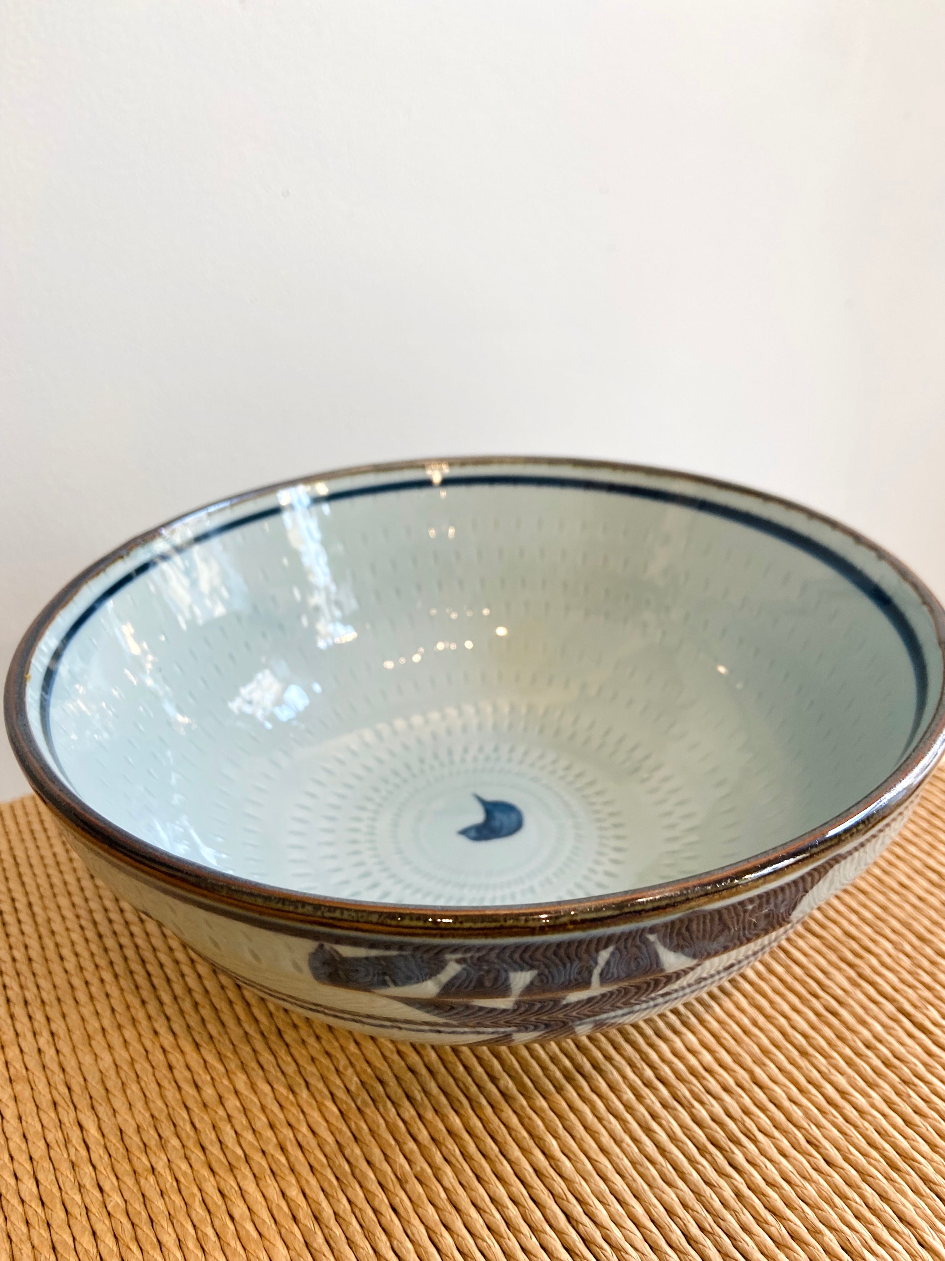Large hand-painted ramen bowl with Japanese motifs